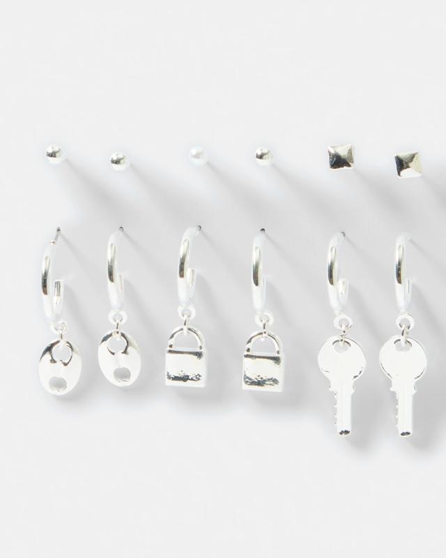 6 Pack Lock Key Hoop Earrings - Silver 