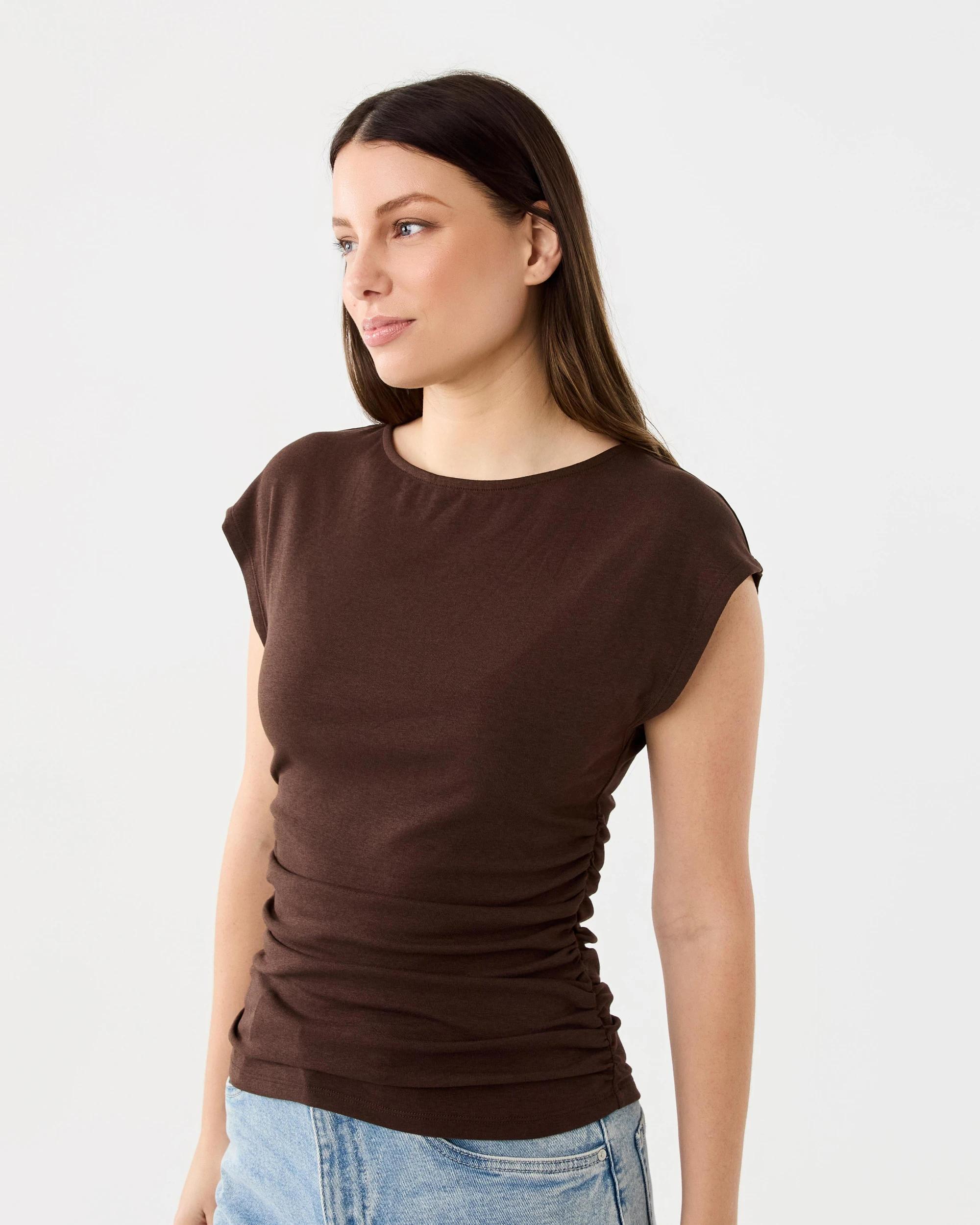 2 Drop Shoulder Ruched Top Melt Brown, 2 of 6