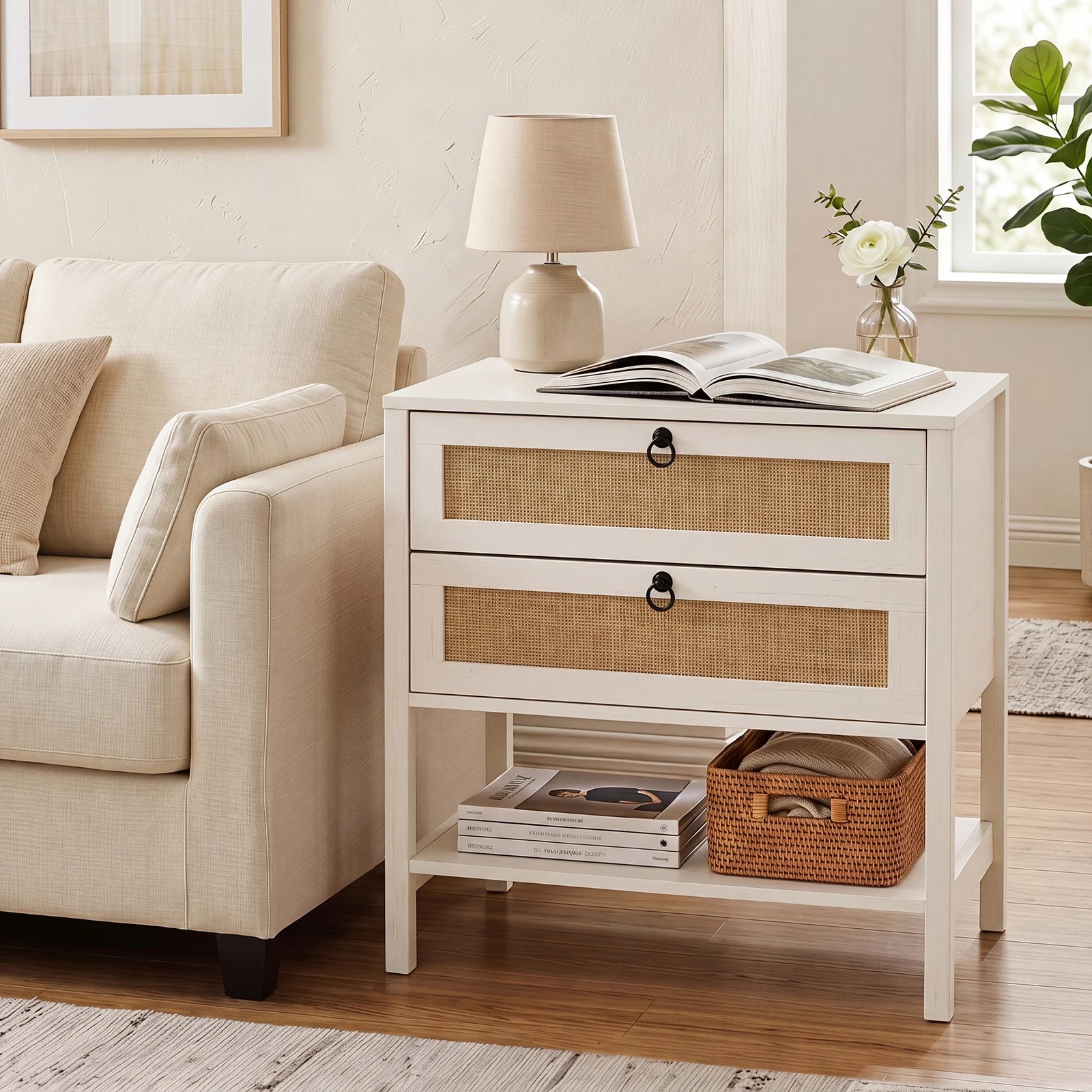 3 Costway Boho Sofa Side Table Rattan Nightstand Bedside Table - White, 3 of 6