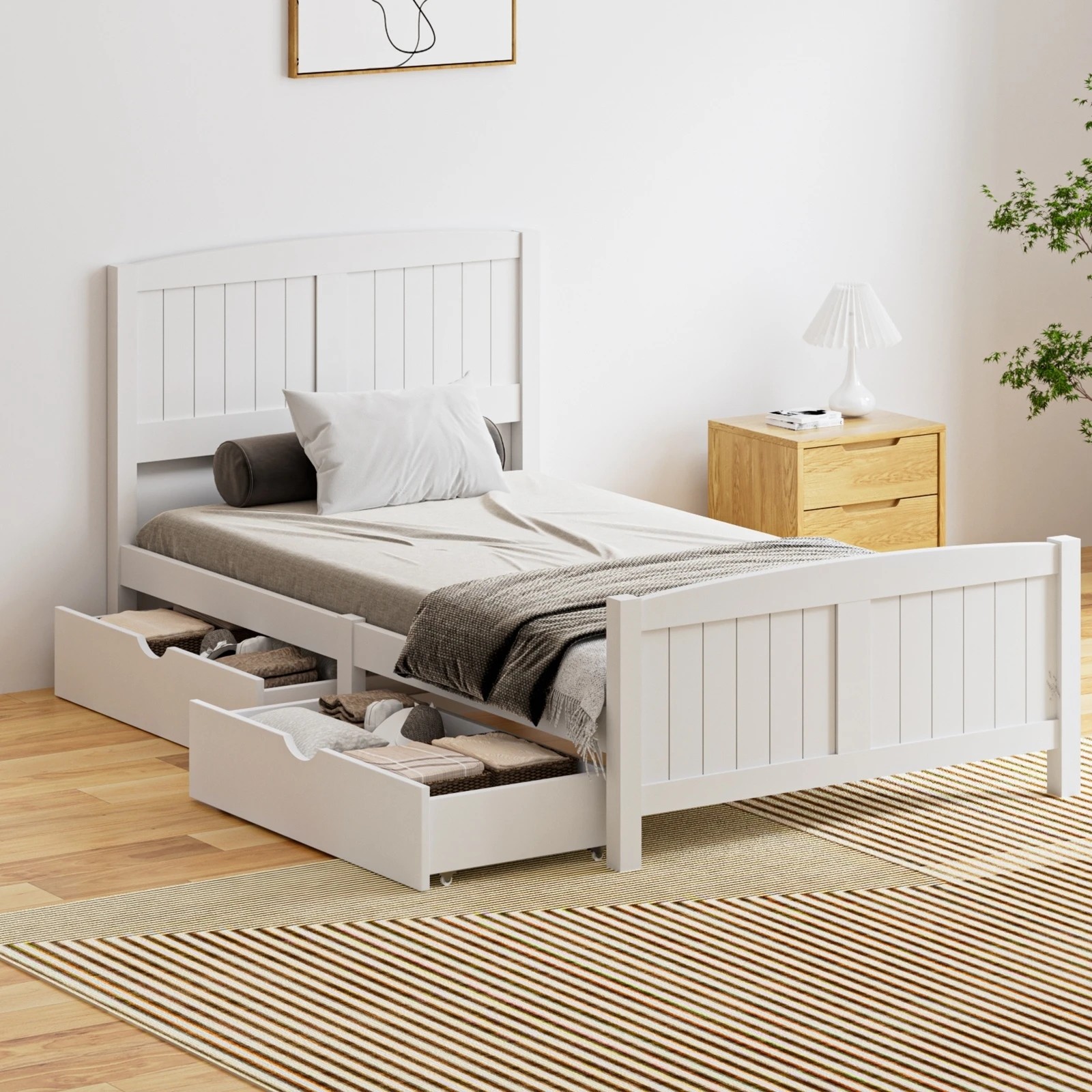 2 Oikiture Wooden Bed Frame King Single Base With Trundle Storage Drawers
 - White, 2 of 8