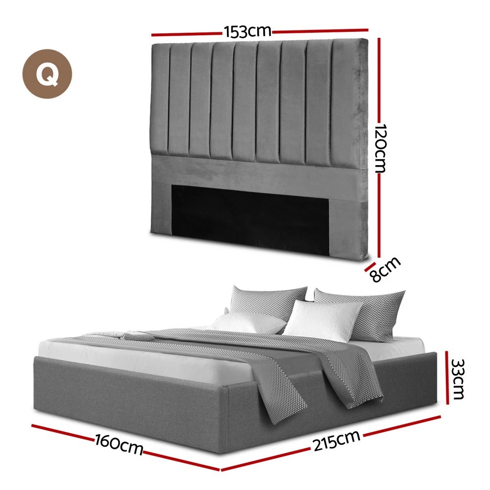 2 Artiss Queen Bed Frame with Storage  Velvet Headboard Gas Lift Platform Base - Grey, 2 of 6