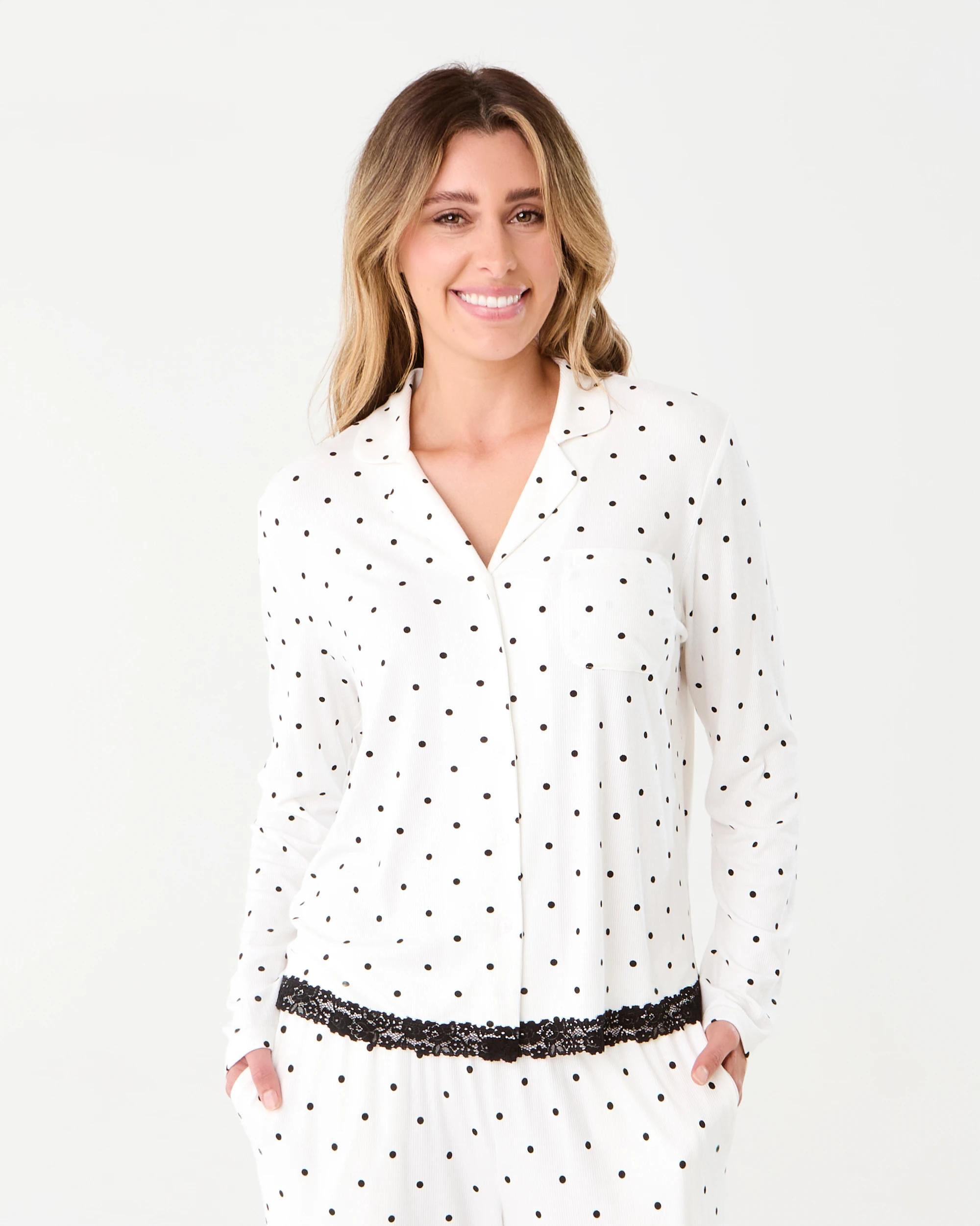 1 Viscose Rib Lace Trim Button Through Top Dots White, 1 of 9