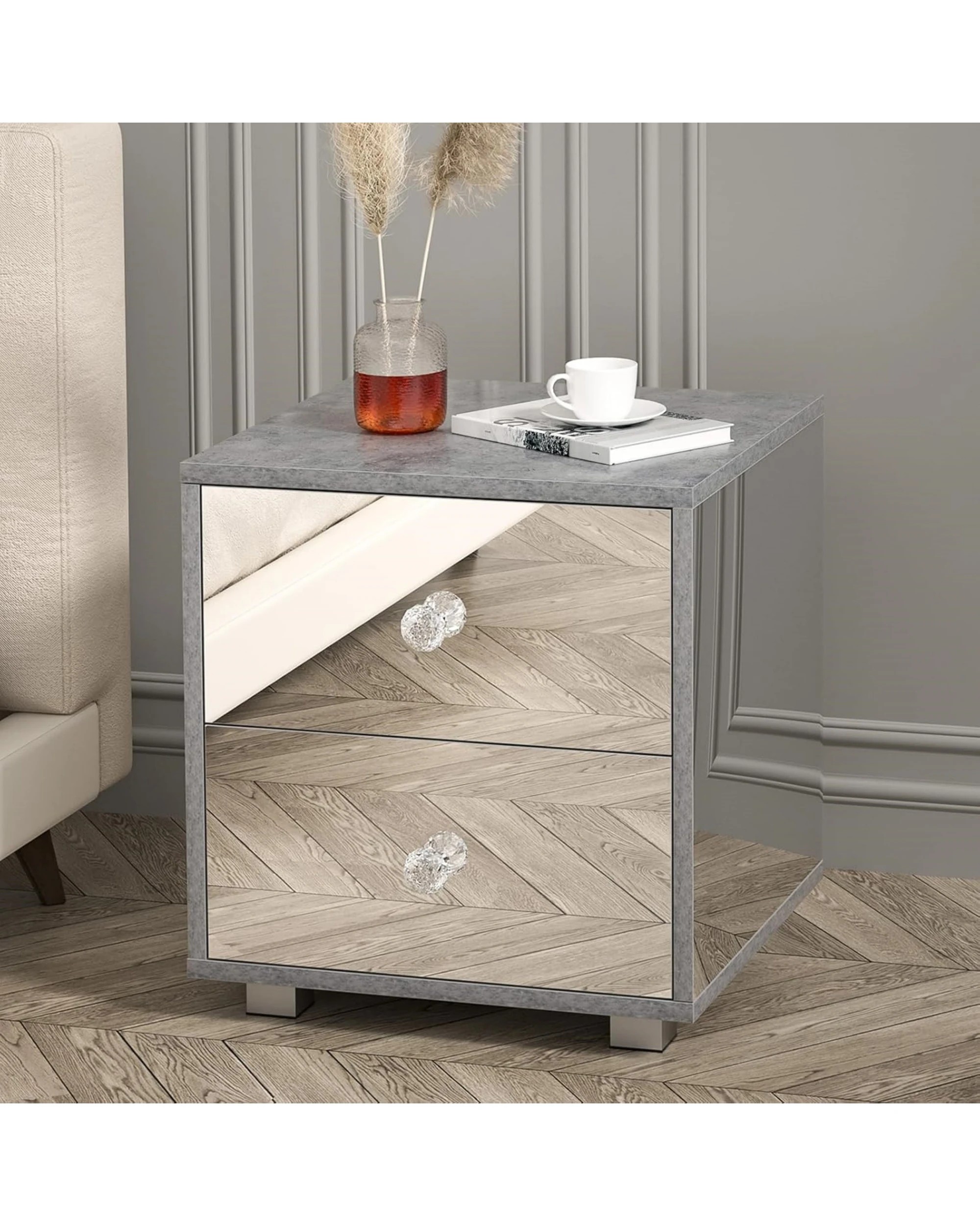 2 Advwin Mirrored Bedside Table Nightstand Storage Cabinet, 2 of 8