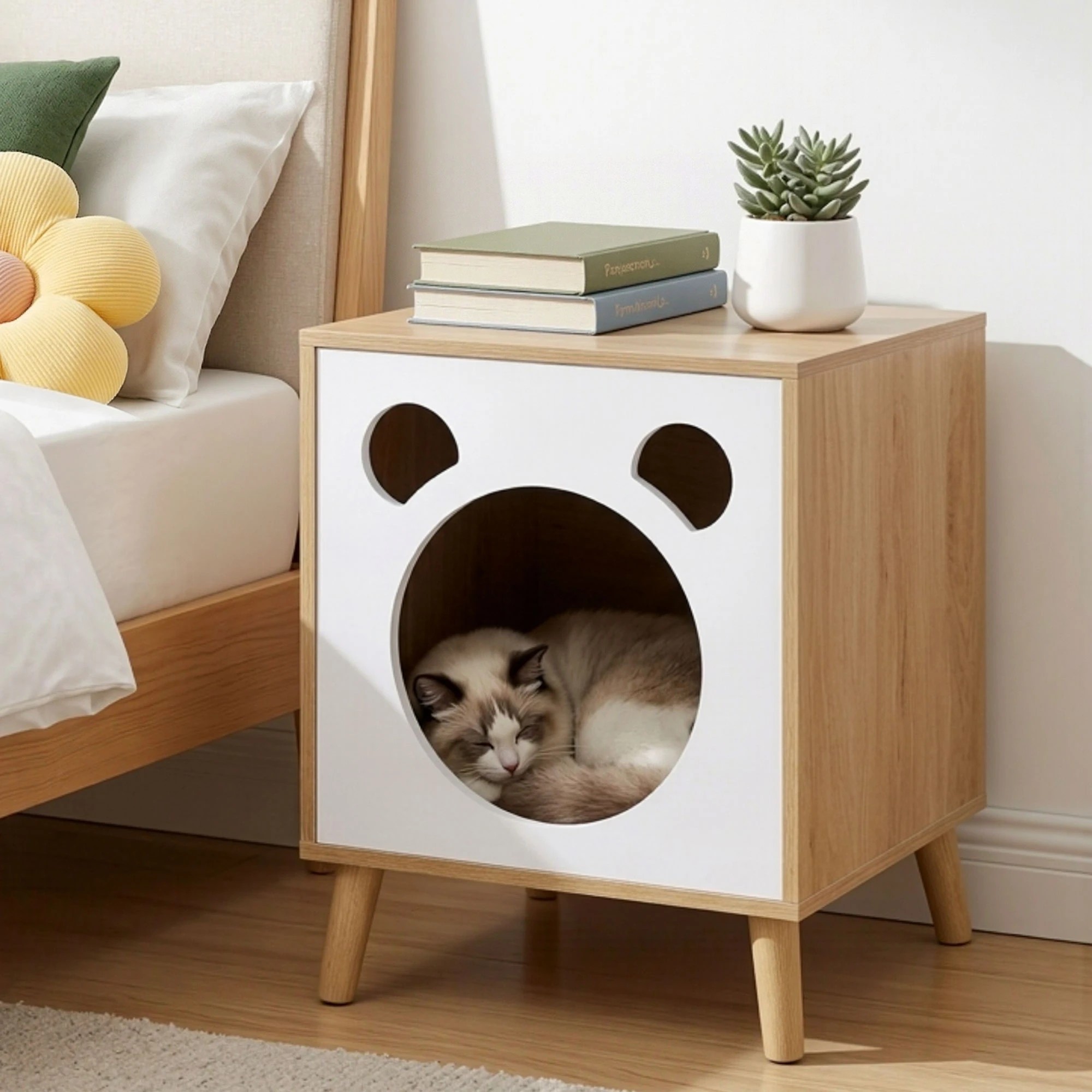 7 Artiss Cat Nest Bedside Table Solid Wood - Natural, 7 of 7