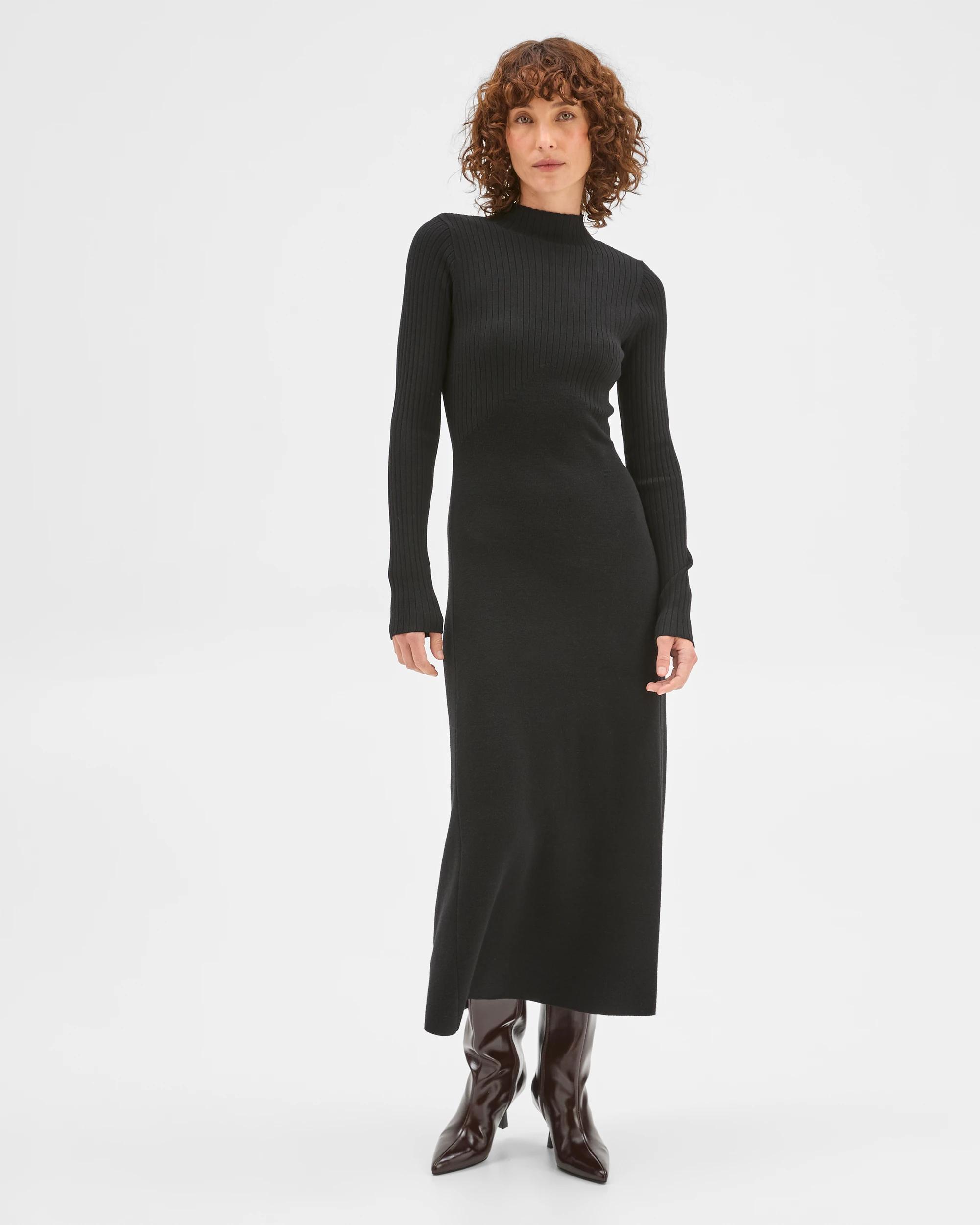 2 Preview Long Sleeve Rib Detail Knit Dress BLACK, 2 of 6