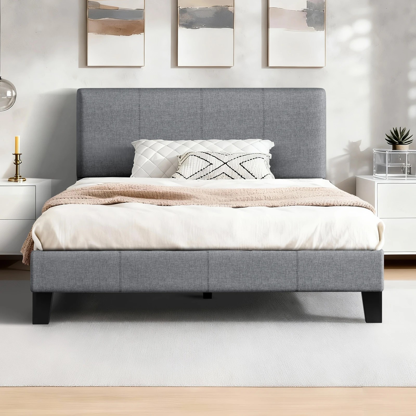 3 Alfordson Bed Frame King Single Mattress Base Platform Fabric Linus - Grey, 3 of 10