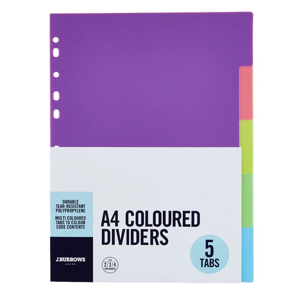 2 J.Burrows A4 5 Tab Polypropylene Divider Neon, 2 of 4