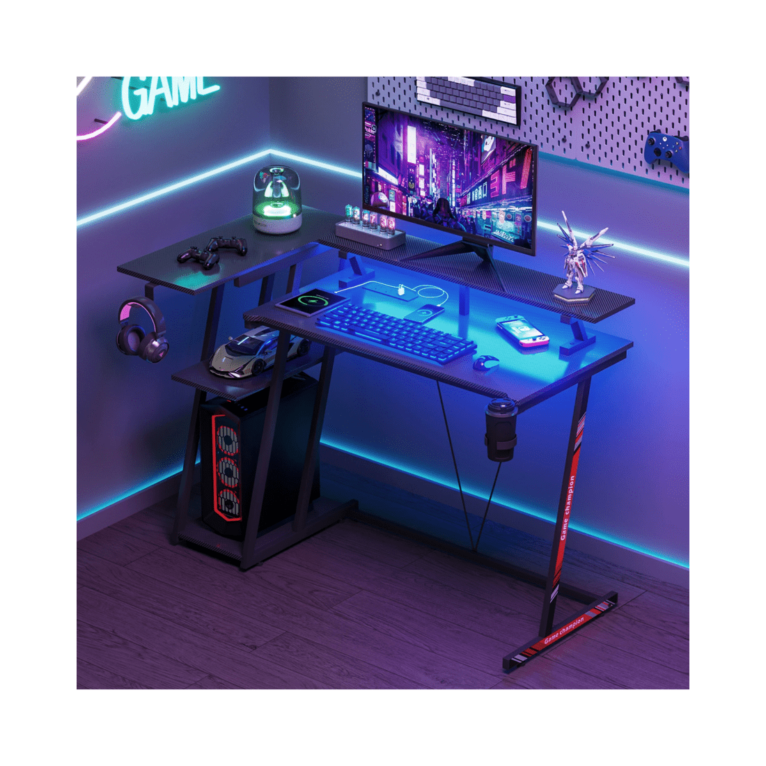 3 Advwin L Shaped Gaming Desk With Led Lights & Power Outlets 120cm - Black, 3 of 10