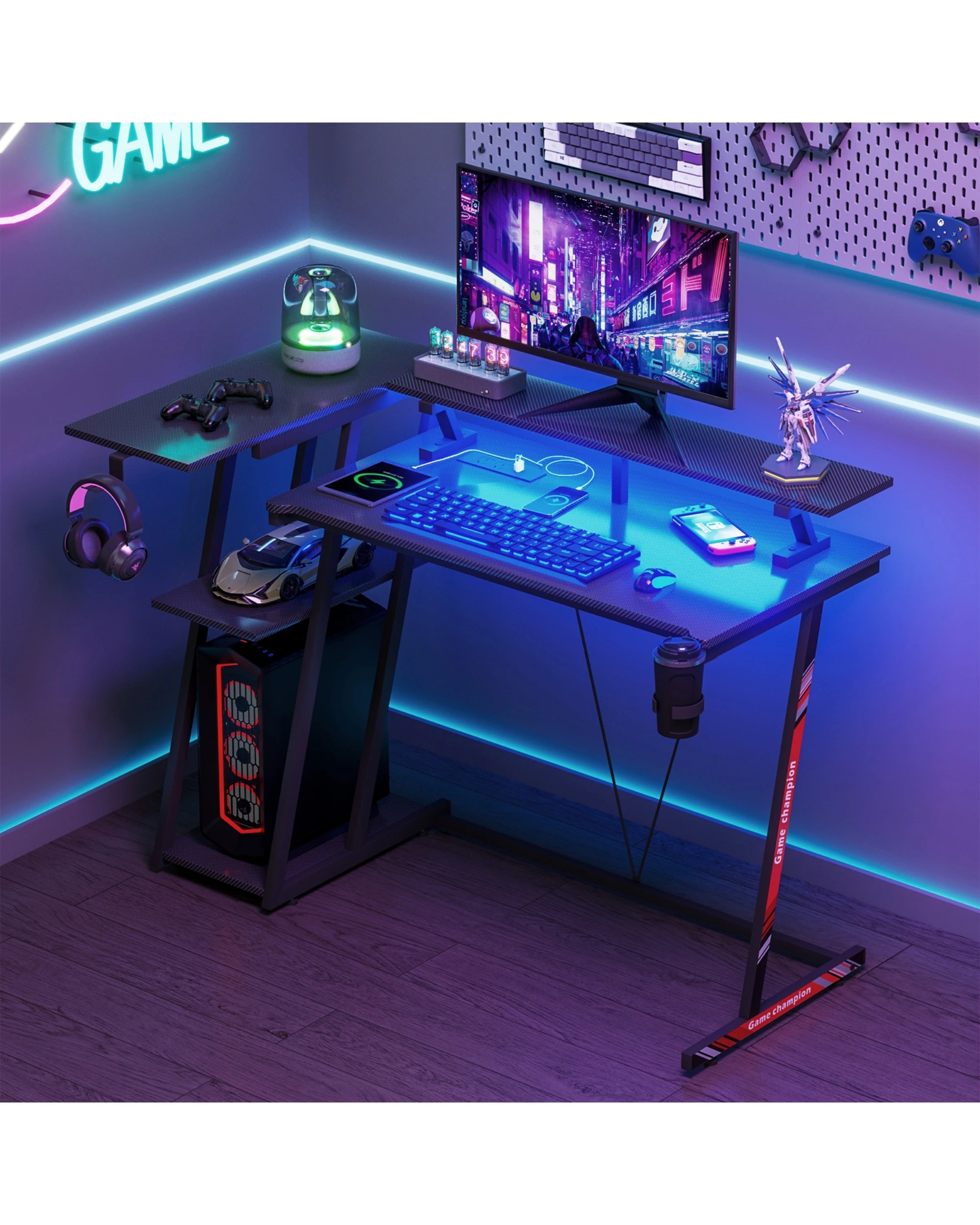 3 Advwin L Shaped Gaming Desk With Led Lights & Power Outlets 120cm - Black, 3 of 9