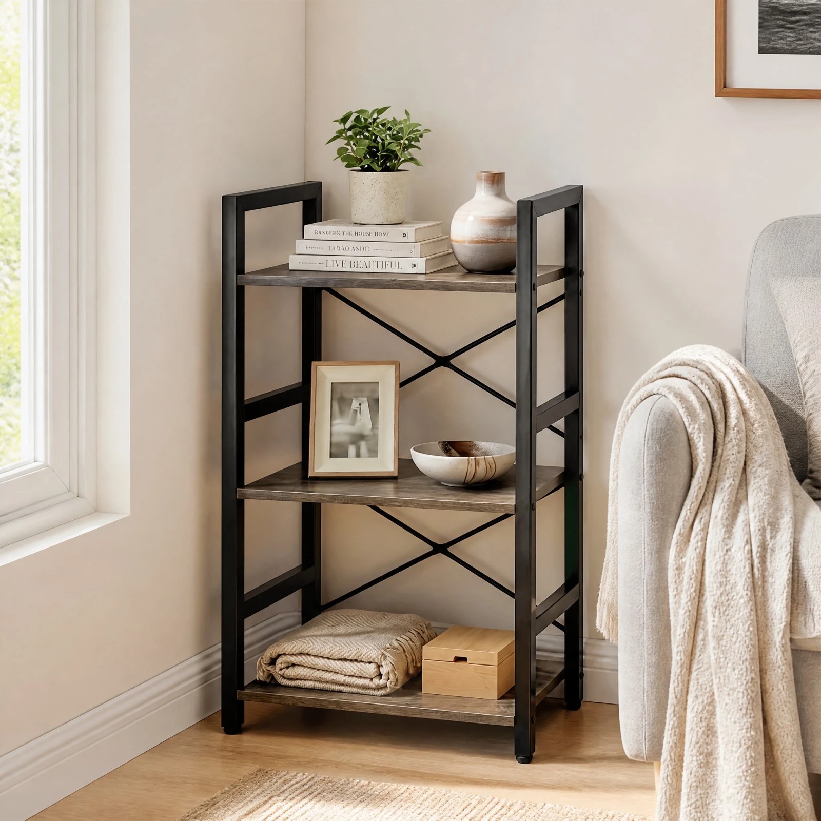 2 Costway 3-Tier Bookshelf Narrow Display Shelf Wooden Storage Racks Metal Bookcase Organiser - Grey, 2 of 6
