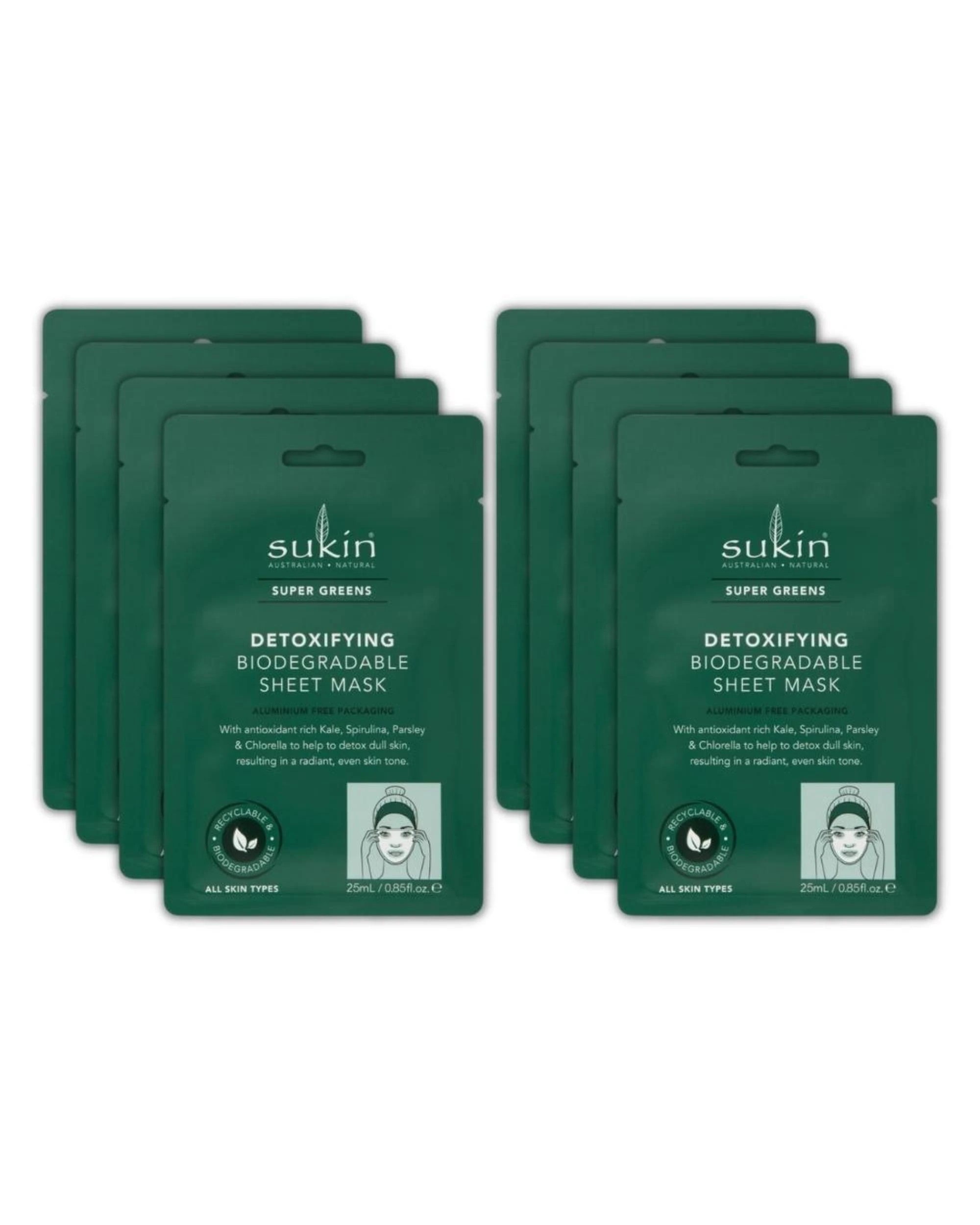 1 8 x Sukin Super Greens Detoxifying Biodegradable Sheet Face Mask 25mL, 1 of 1