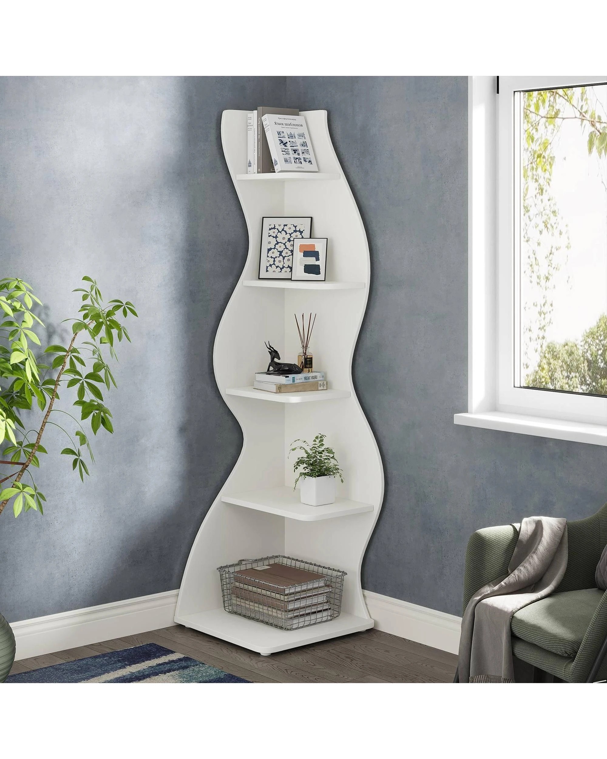 3 OAKORY 178cm Corner Shelf with Unique Wave Shape & Adjustable Shelves Rounded Corners Design for Living Room, 3 of 6