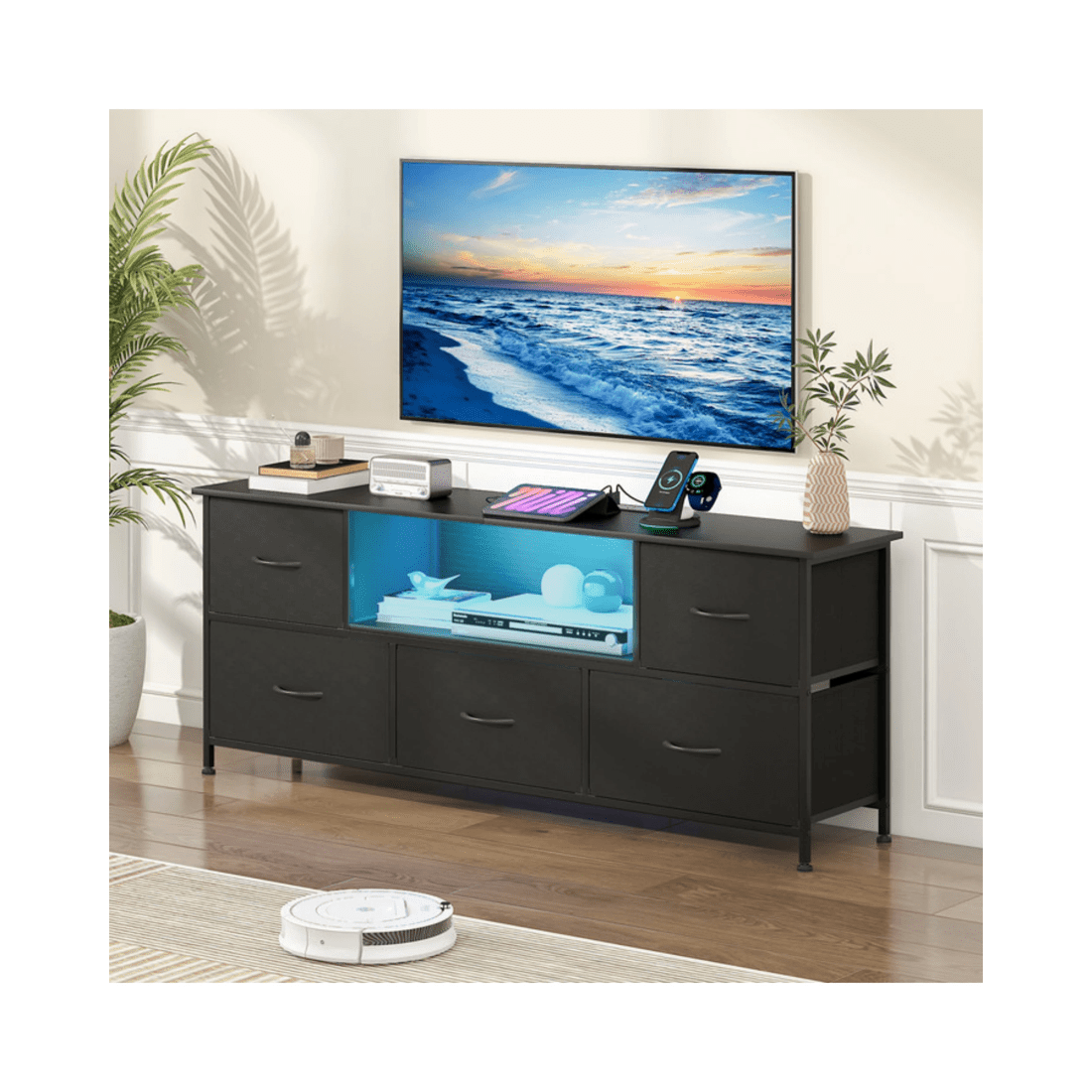 3 Advwin Tv Cabinet 140cm Led Entertainment Unit W/charging Station & Drawer Tv Stand Media Console Table Black, 3 of 10