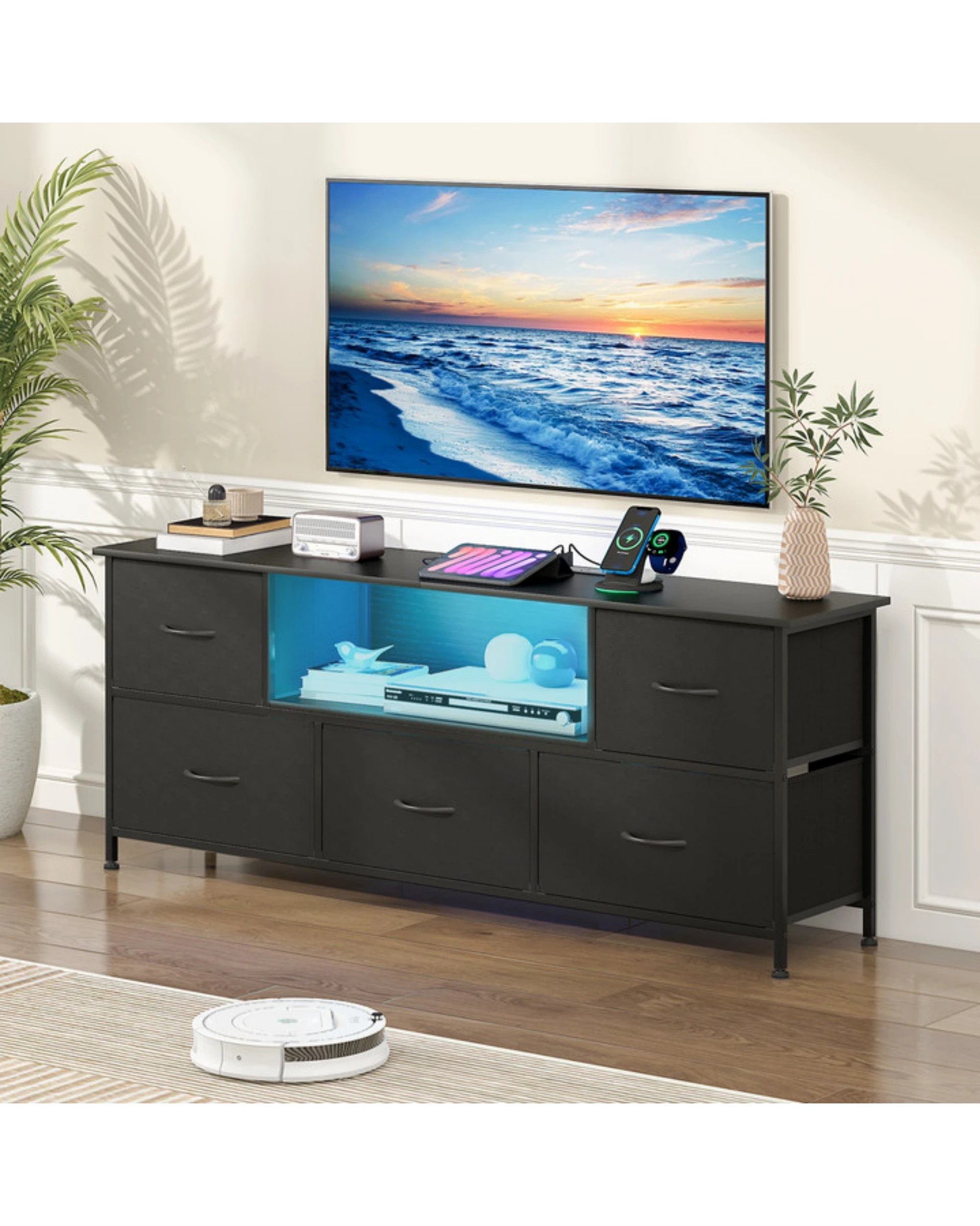 3 Advwin Tv Cabinet 140cm Led Entertainment Unit W/charging Station & Drawer Tv Stand Media Console Table Black, 3 of 10