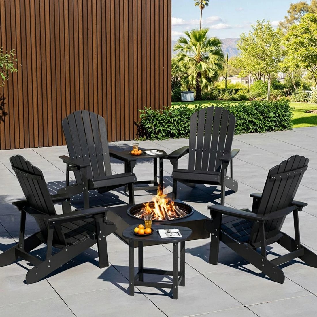 6 Gardeon Outdoor Table and Chairs HDPE Adirondack Beach Chair Sun Lounge Patio Furniture Garden - Black, 6 of 6