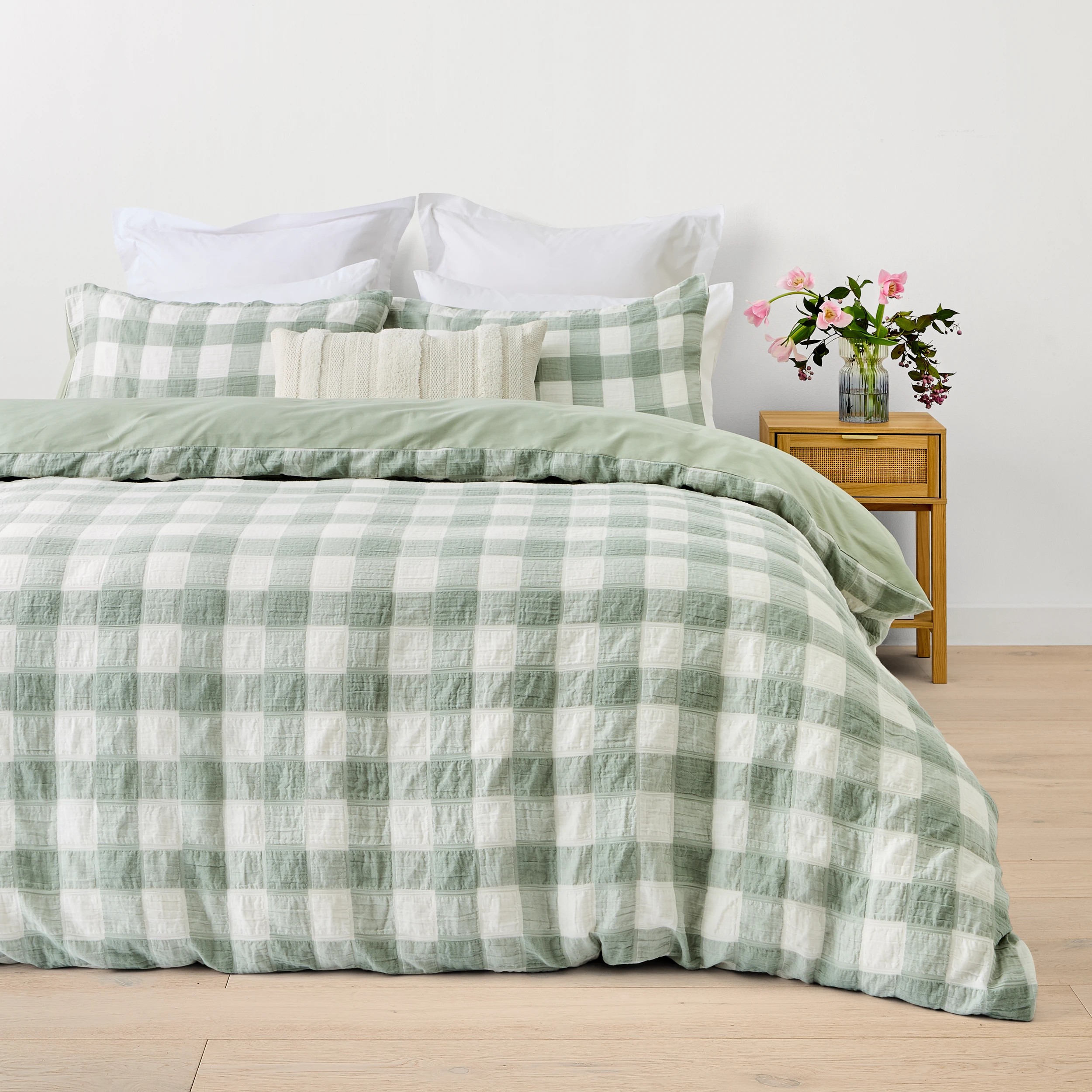 1 Check Seersucker Quilt Cover Set - Queen Bed, Sage, 1 of 7