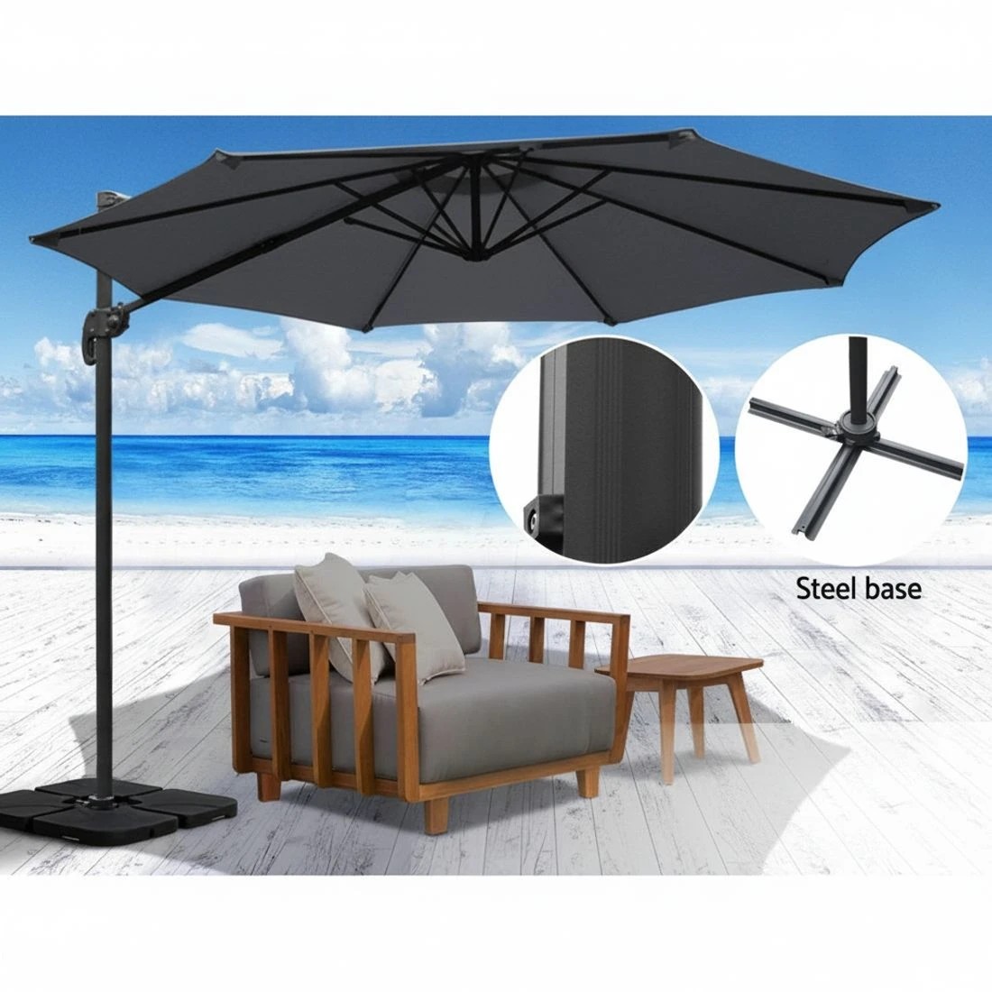 6 Instahut 3m Outdoor Umbrella w/Base Cantilever Beach Roma 360 Degree Tilt - Grey, 6 of 7