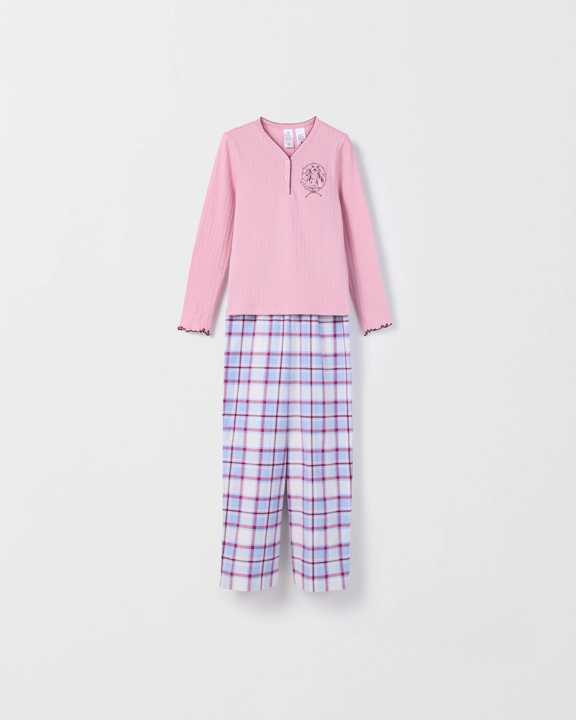 4 Target Kids Australian Cotton Older Girls Henley Top and Flannel Pants Pyjama Set HORSE, 4 of 7
