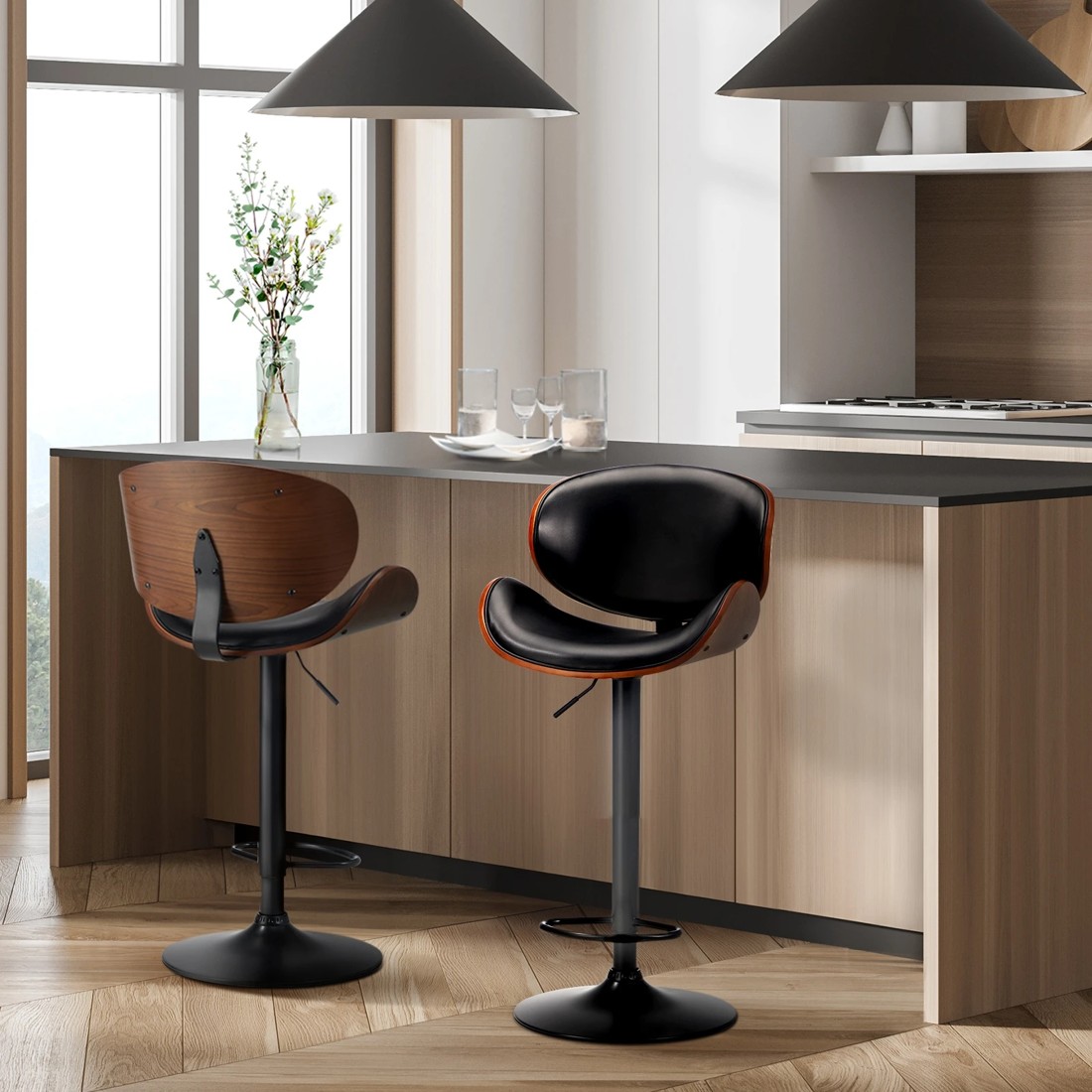 3 Oikiture 2x Bar Stools Kitchen Stool Swivel Chair Wooden Leather Gas Lift
 - Black, 3 of 10