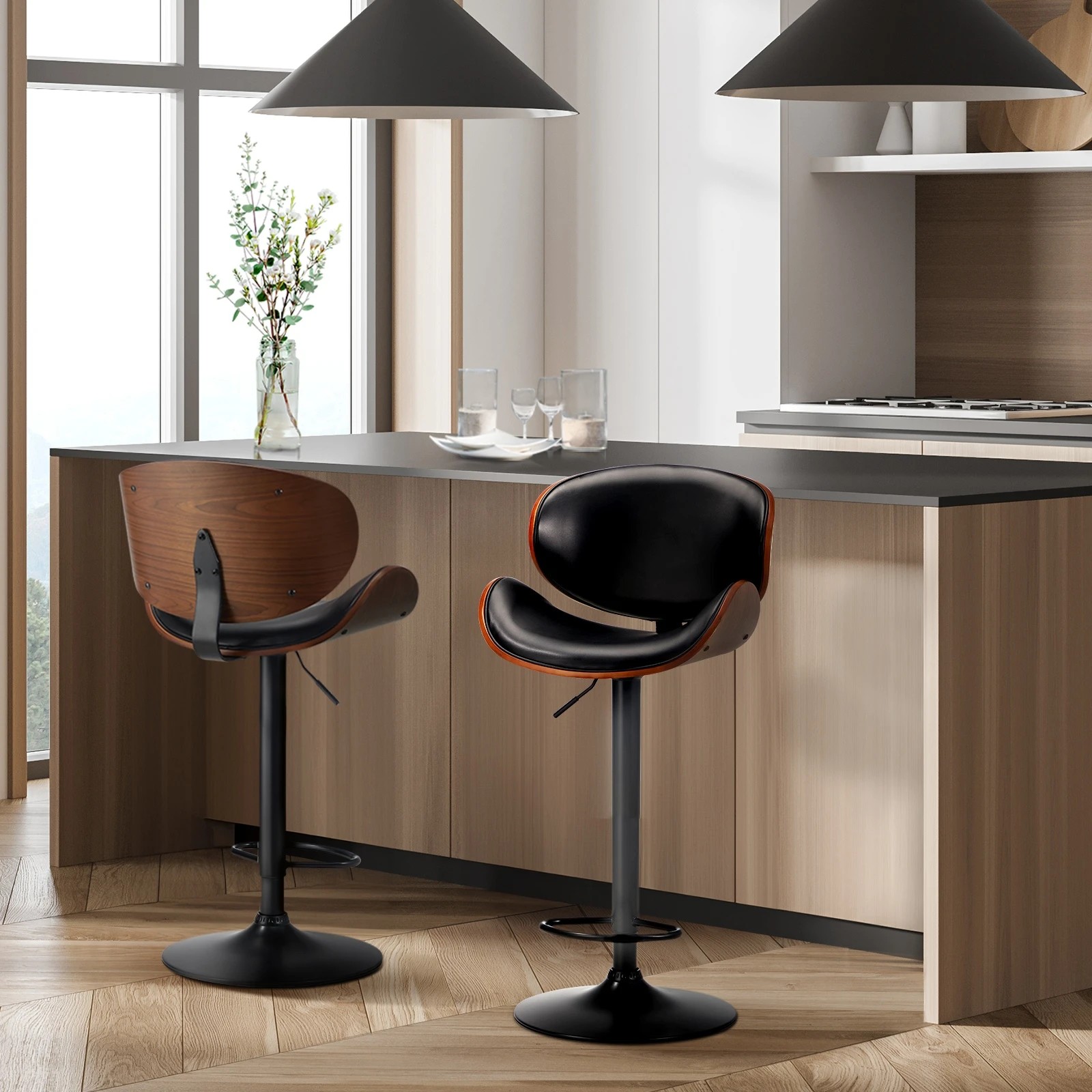 3 Oikiture 2x Bar Stools Kitchen Stool Swivel Chair Wooden Leather Gas Lift
 - Black, 3 of 10