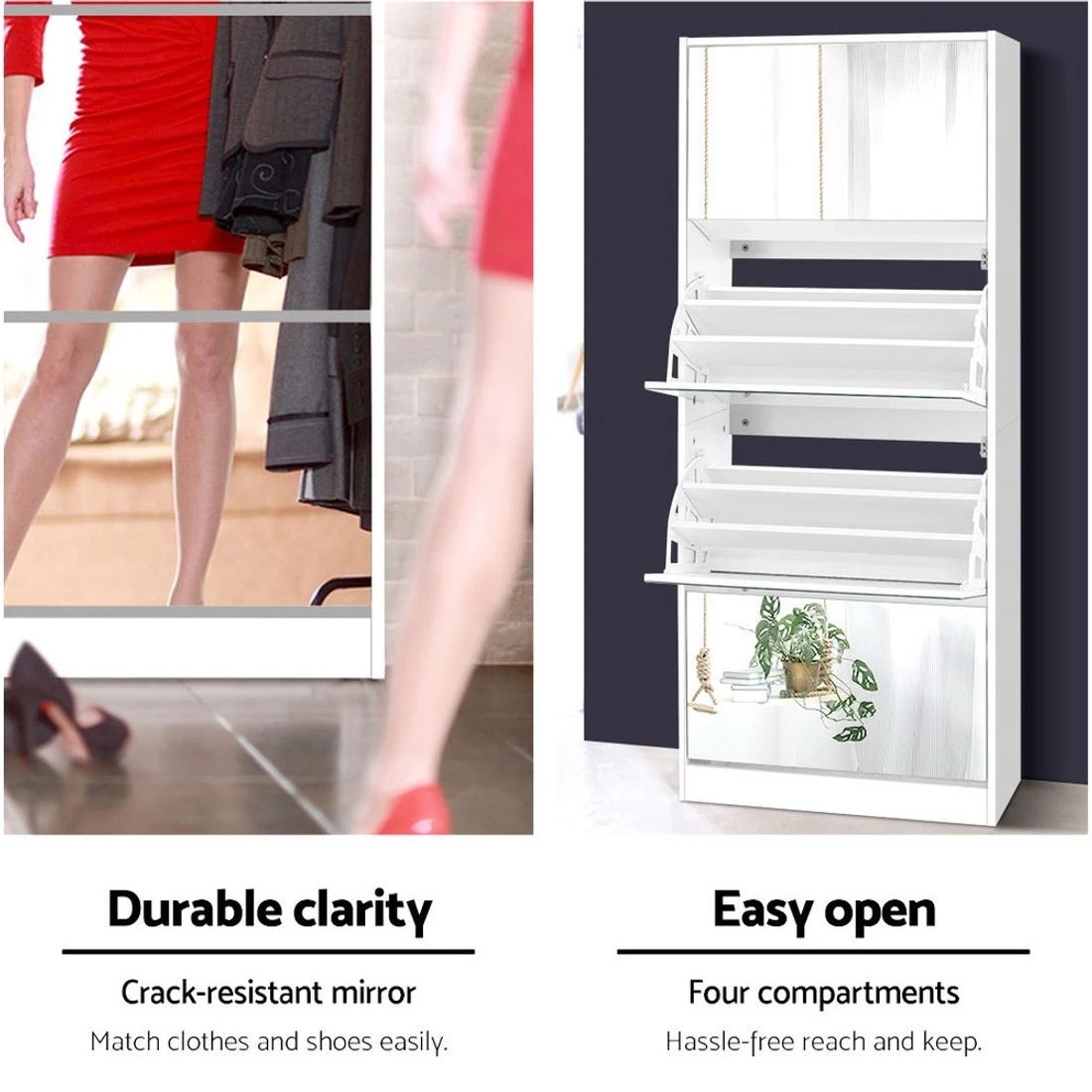 6 Artiss Shoe Rack Cabinet Mirror 60 Pairs White Rira - White, 6 of 8