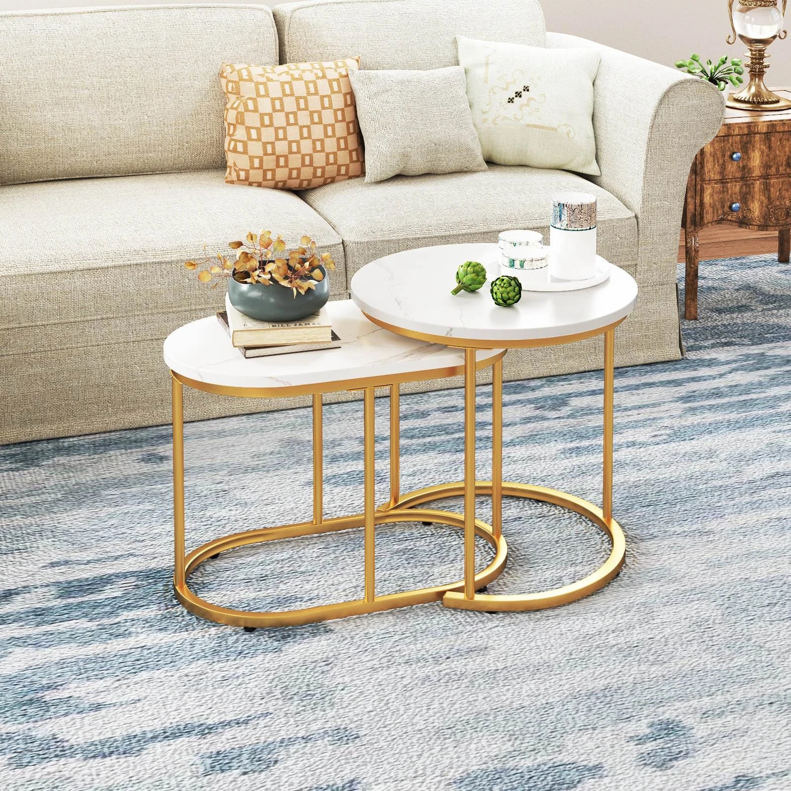 3 Costway Nesting Coffee Table Round Faux Marble Sofa Bedside End Table Metal Frame, 3 of 4
