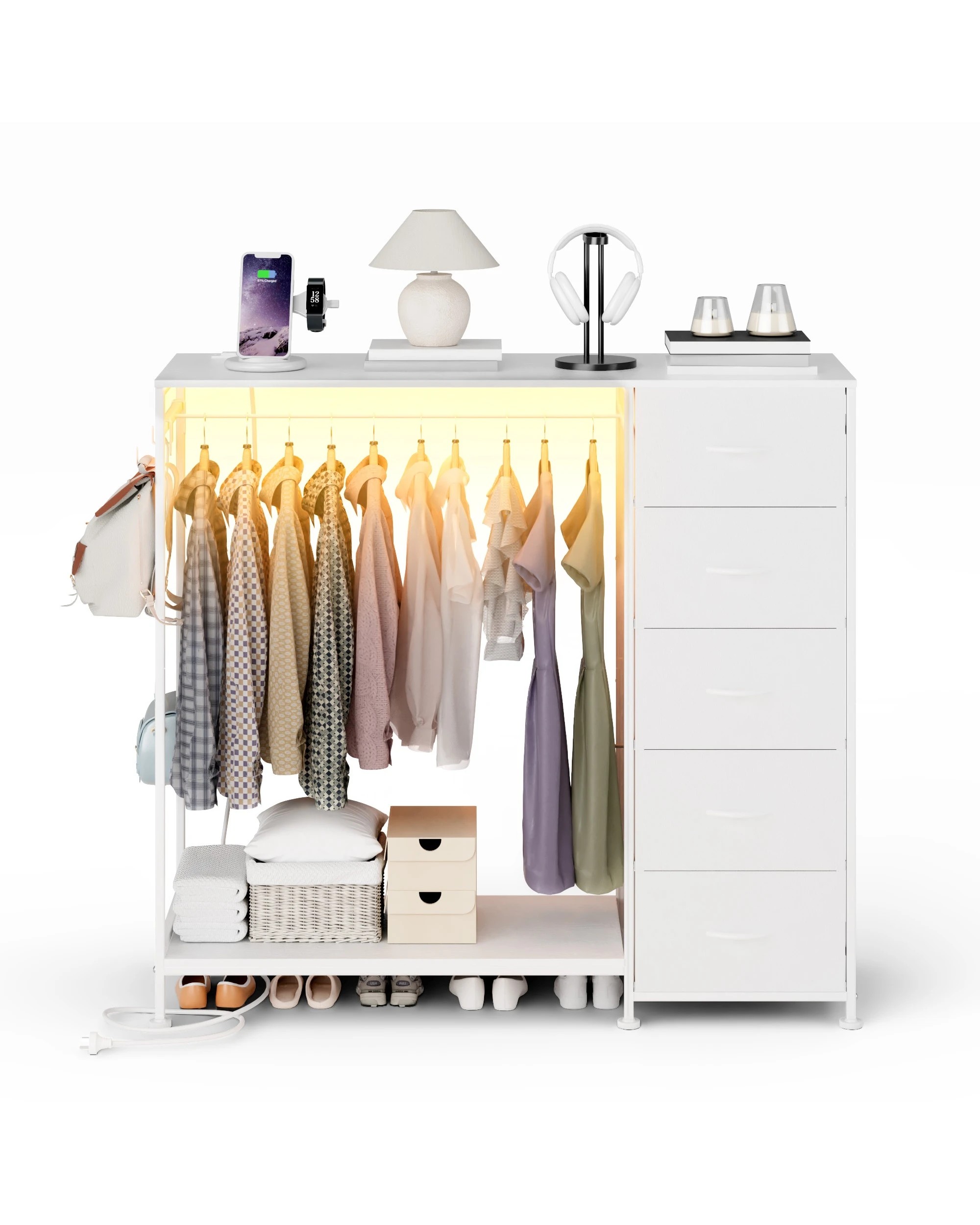 3 Advwin Fabric Chest of Drawers Clothes Rack Dresser with Hanging Rack - White, 3 of 7