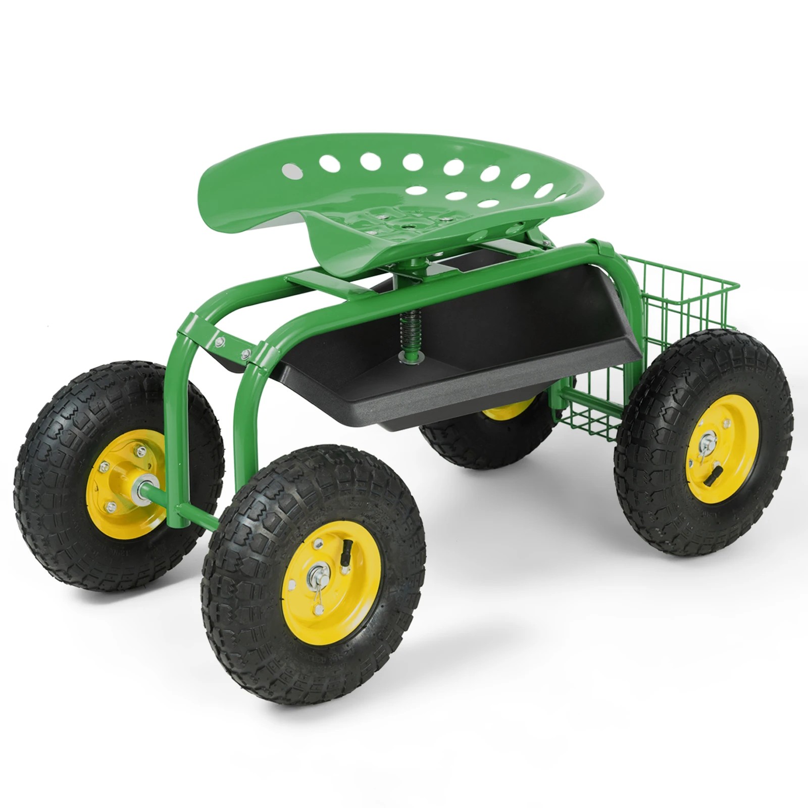 1 Costway Garden Cart Metal Rolling Scooter 360° Swivel Seat w/Storage Basket - Green, 1 of 3