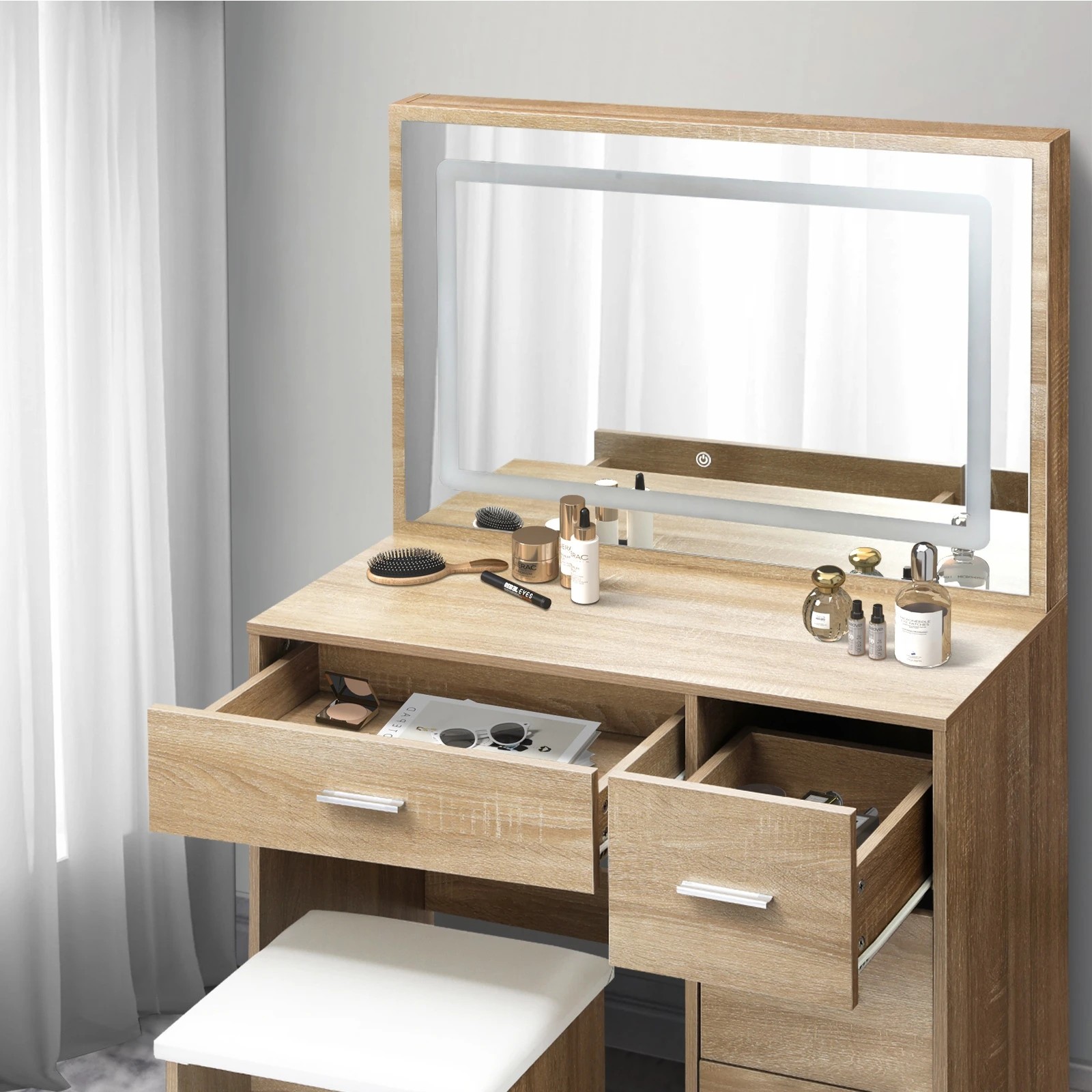 5 Oikiture Dressing Table Stool Set Large Makeup Mirror Led Light Vanity
 - Natural, 5 of 9
