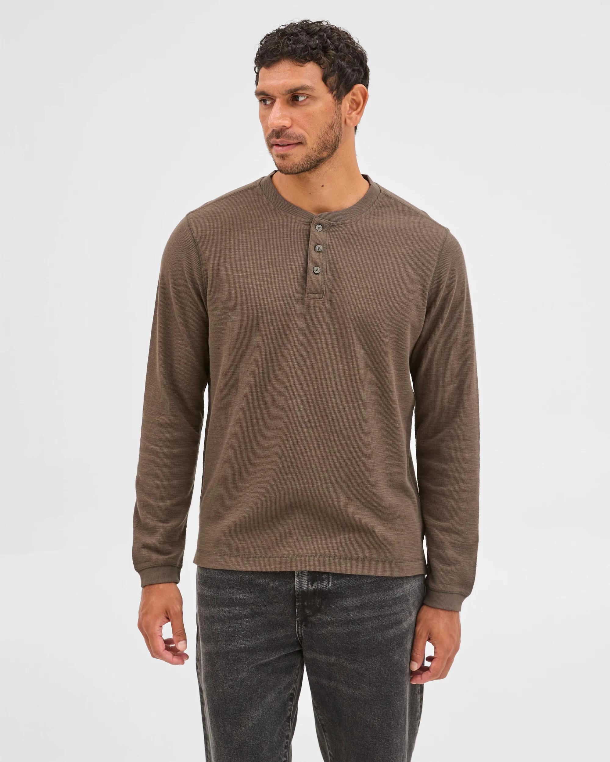 3 Target Australian Cotton Waffle Henley T-Shirt DARK OLIVE MARLE, 3 of 7