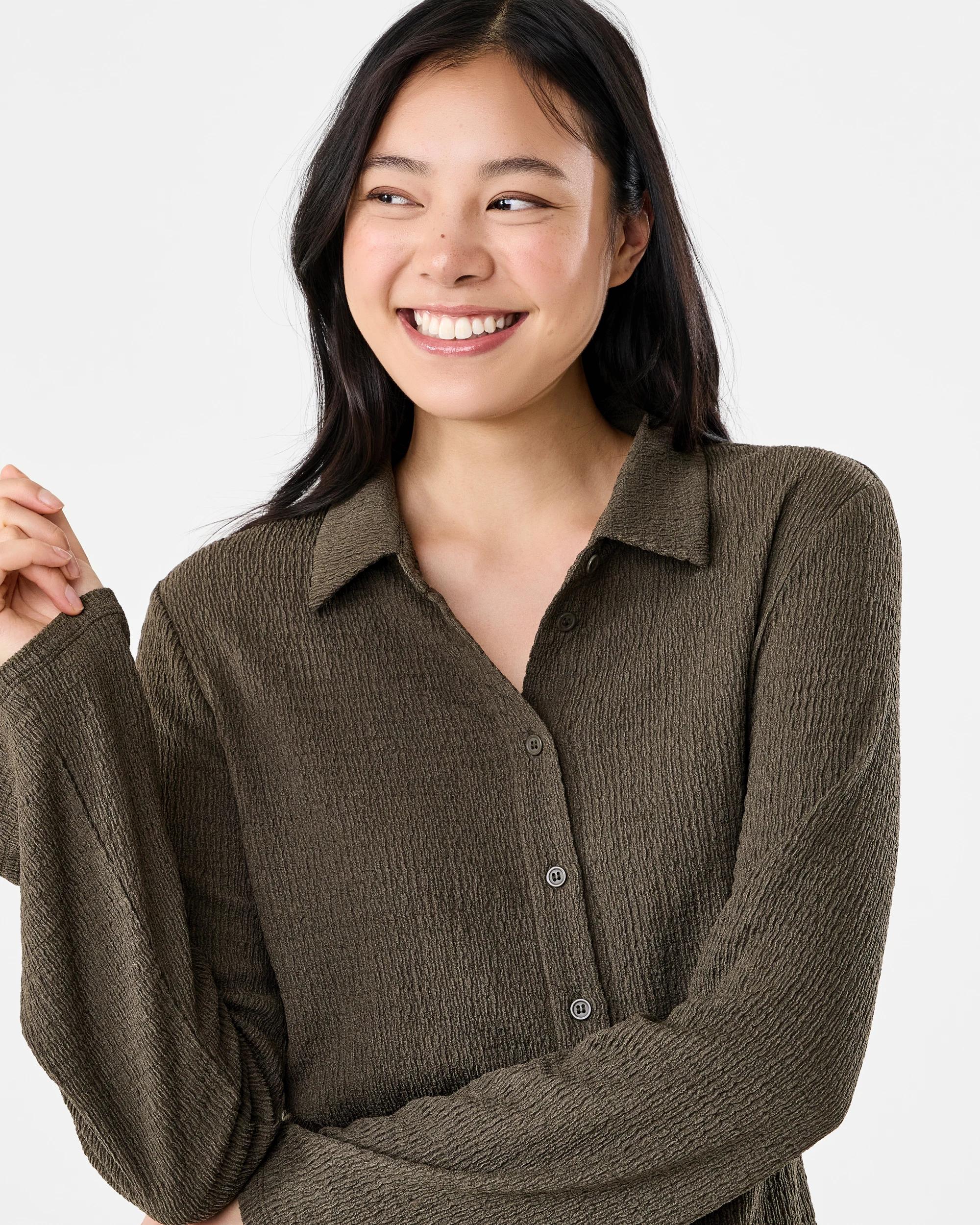 4 Long Sleeve Textured Tie Back Shirt Deep Olive, 4 of 7