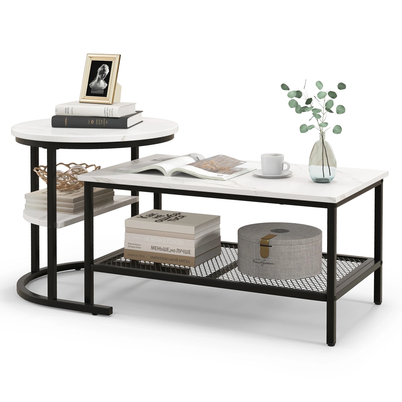 6 Costway Coffee Table Nesting Set of 2 w/Faux Marble Tabletop Stacking Side Table - Black, 6 of 6