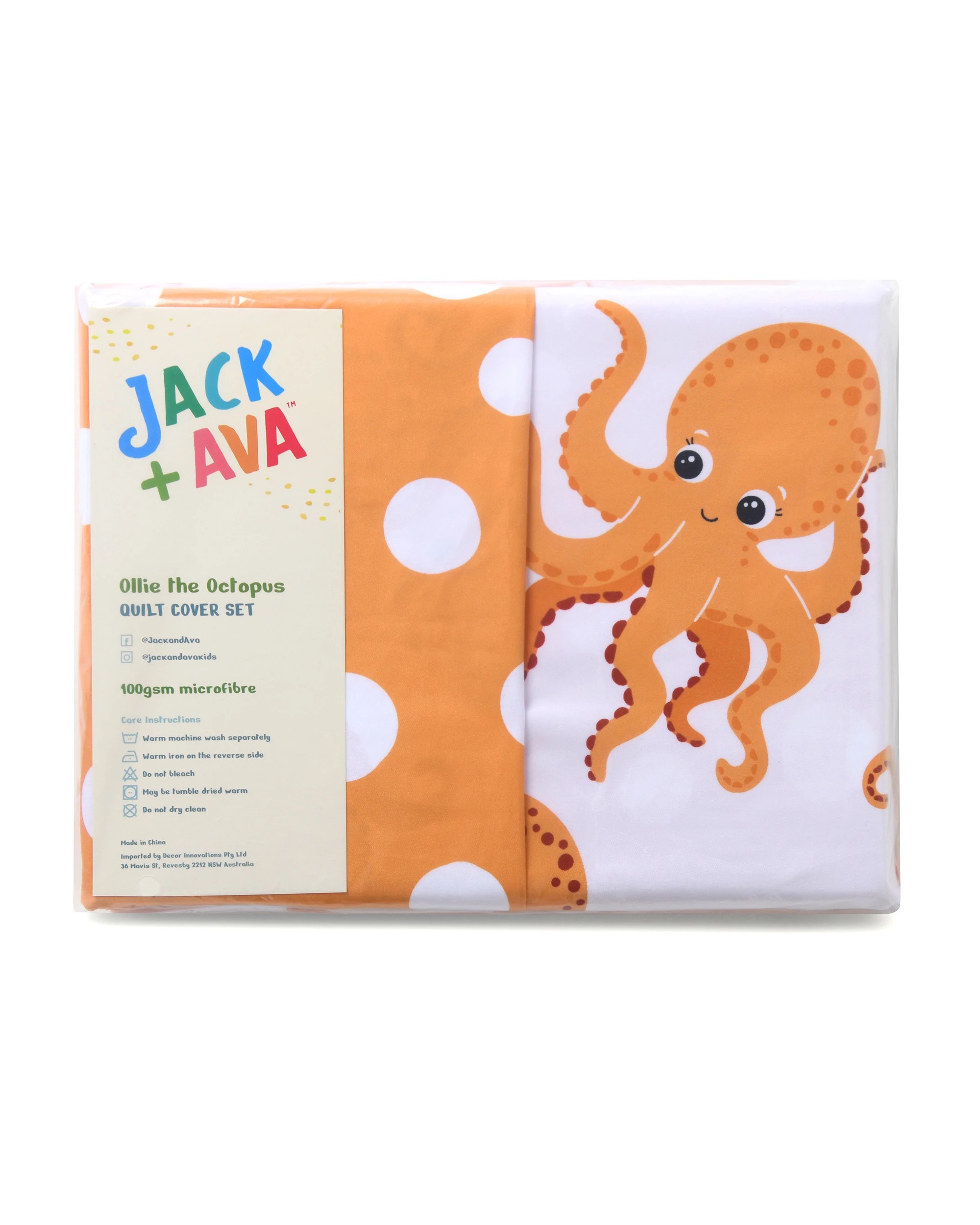 10 Jack & Ava Ollie the Octopus Kids Reversible Quilt Cover Set - Double Bed - Orange, 10 of 10