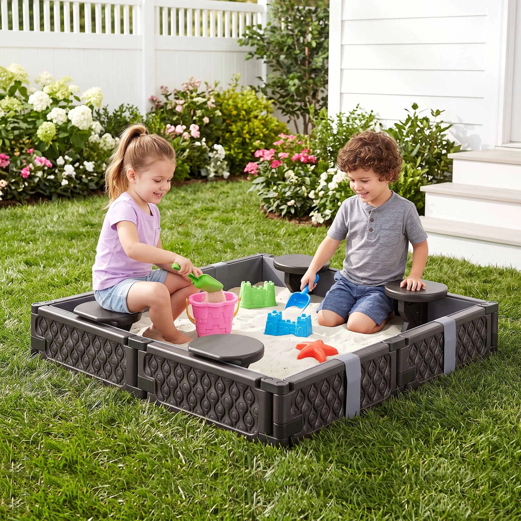 4 Keezi Kids Square Sandpit with Cover and 4 Seats - Brown, 4 of 8