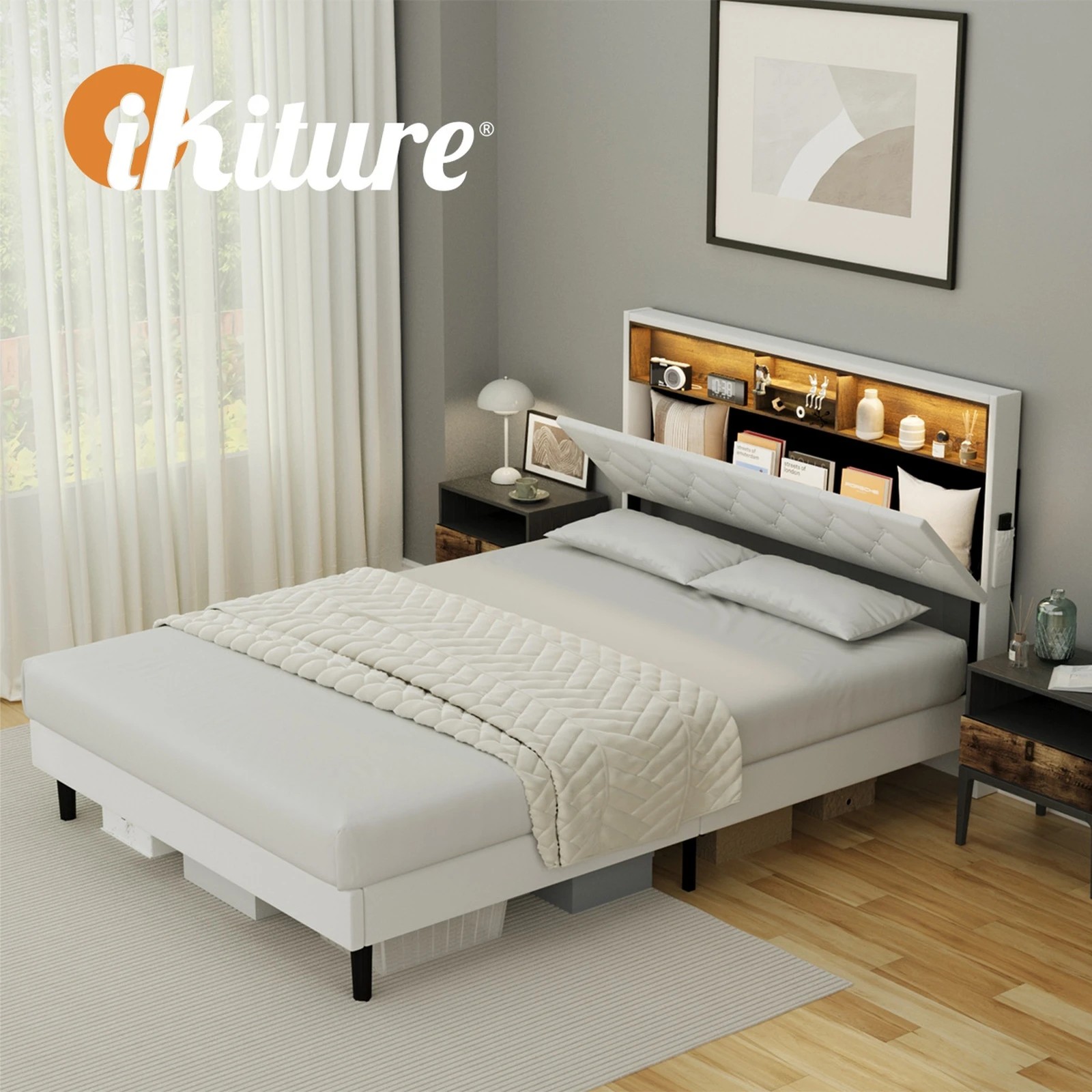 7 Oikiture Bed Frame Double Size with LED Storage Bedhead - White, 7 of 9
