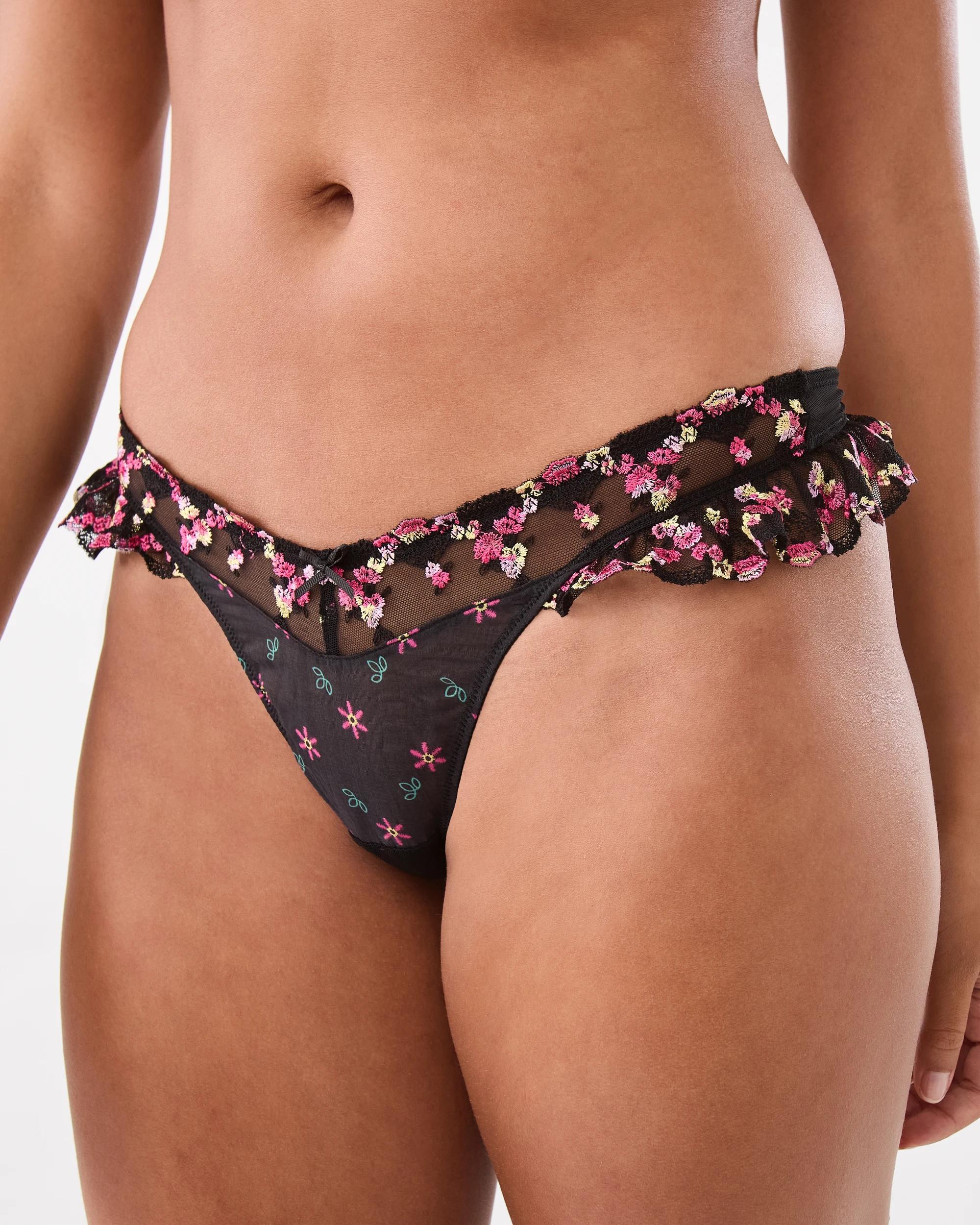 2 Co-ordinated Embroidered Mesh G-String Briefs Flrl Blk, 2 of 5