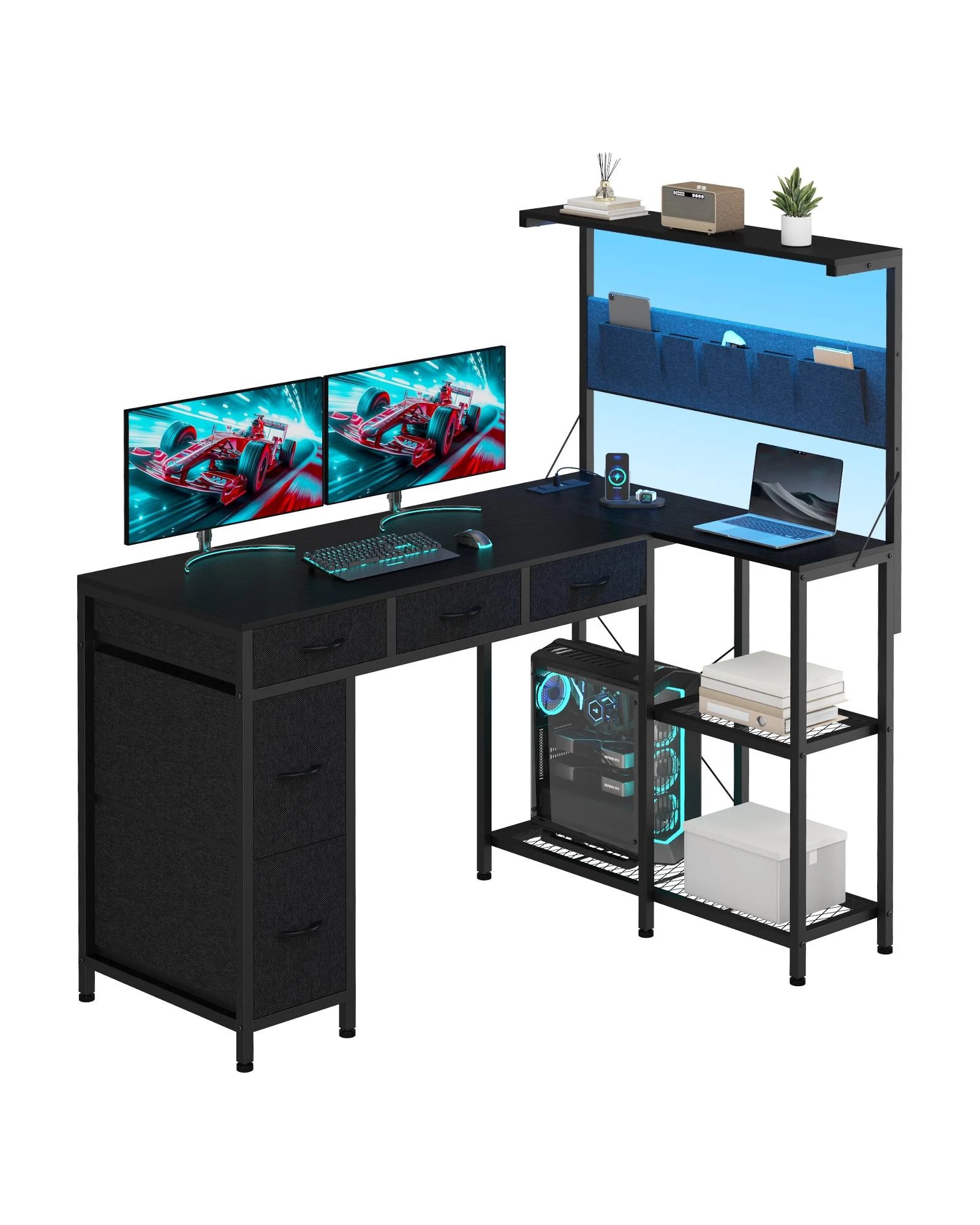 1 Advwin Gaming Desk with Power Outlets Reversible Corner Computer Desk with Storage Shelf Fabric Drawer and Bag - Black, 1 of 6