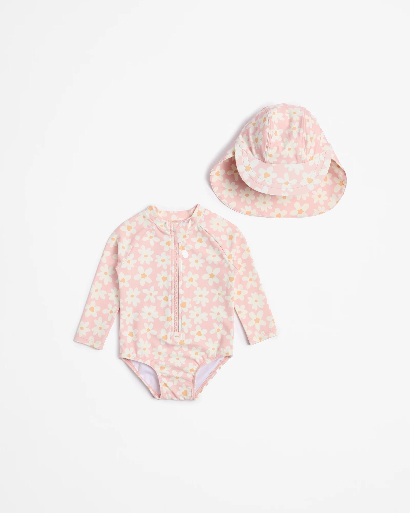 1 Target Baby Unitard Swim Set With Hat 2 Piece DAISIES, 1 of 3