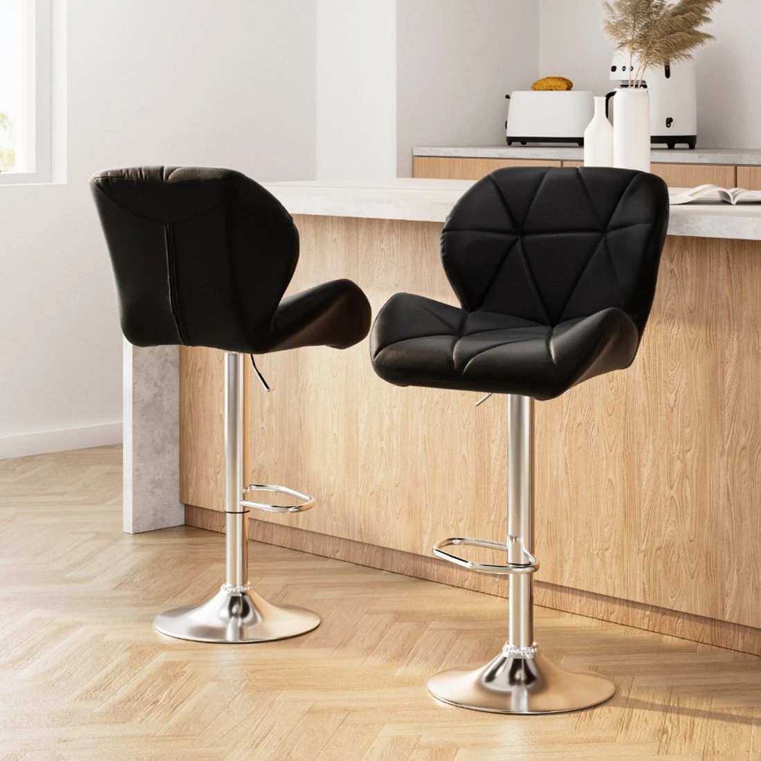 3 Artiss 2x Bar Stools Gas Lift Padded Leather - Black, 3 of 5