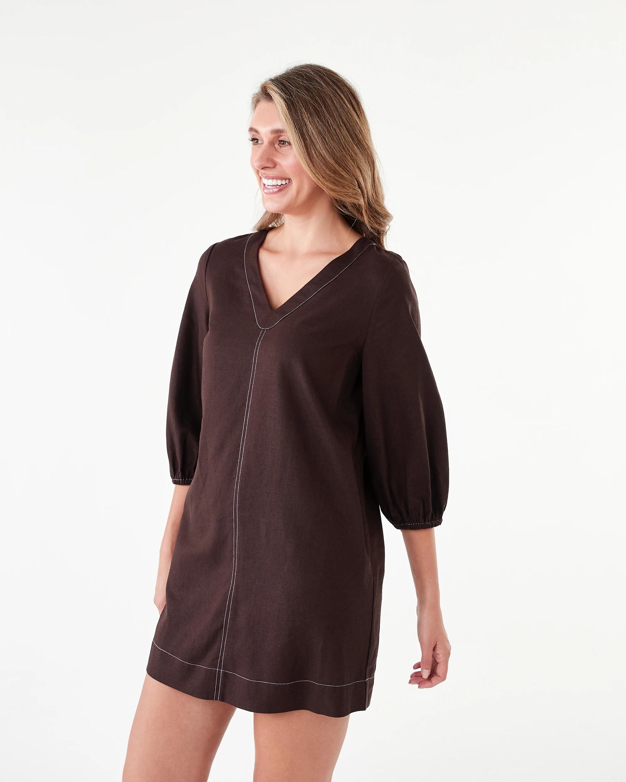 2 Long Sleeve Linen Blend V-Neck Mini Dress Choc Plum, 2 of 9