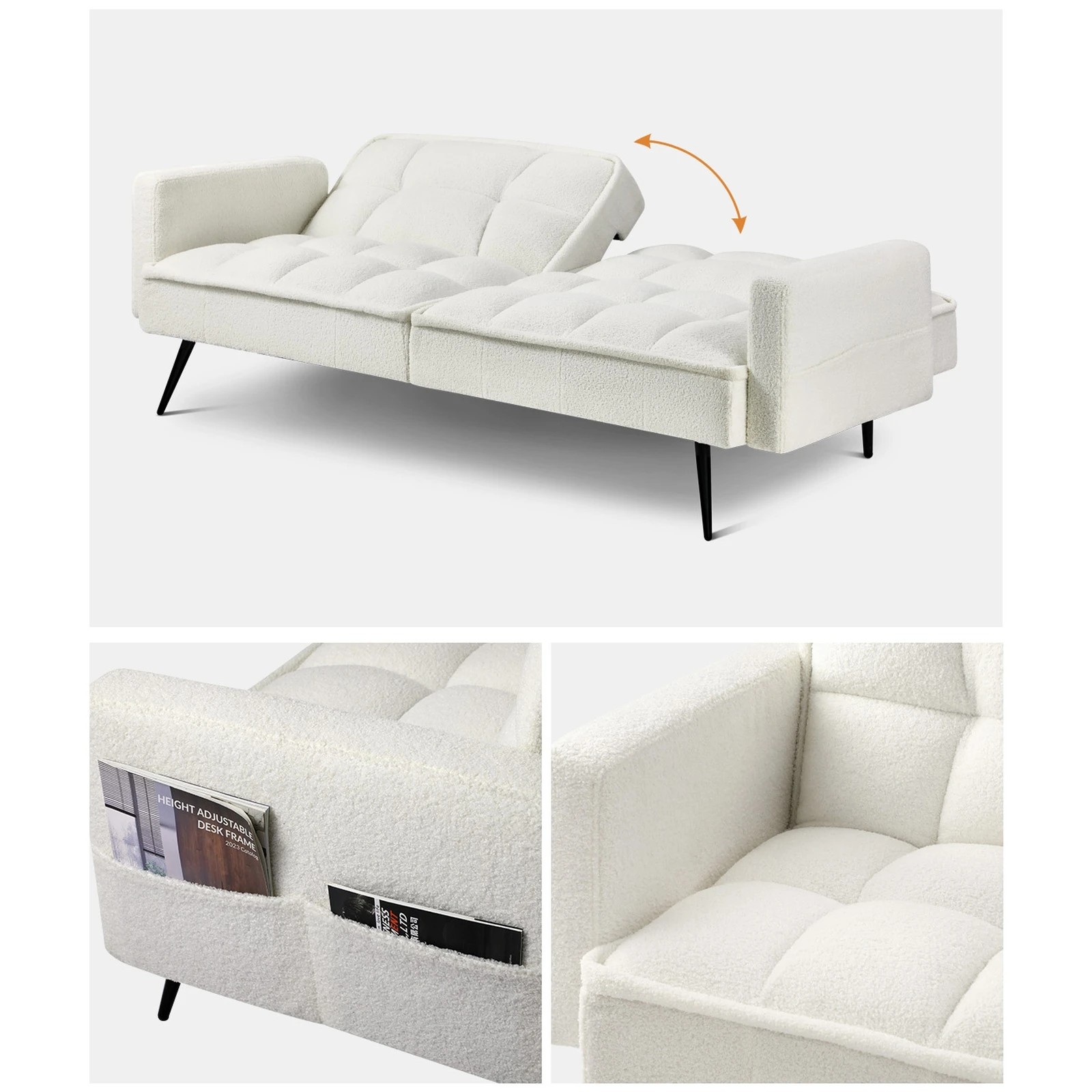 5 Oikiture 3-seater Sofa Bed Convertible Boucle Sherpa Lounge Couch Recliner
 - White, 5 of 10