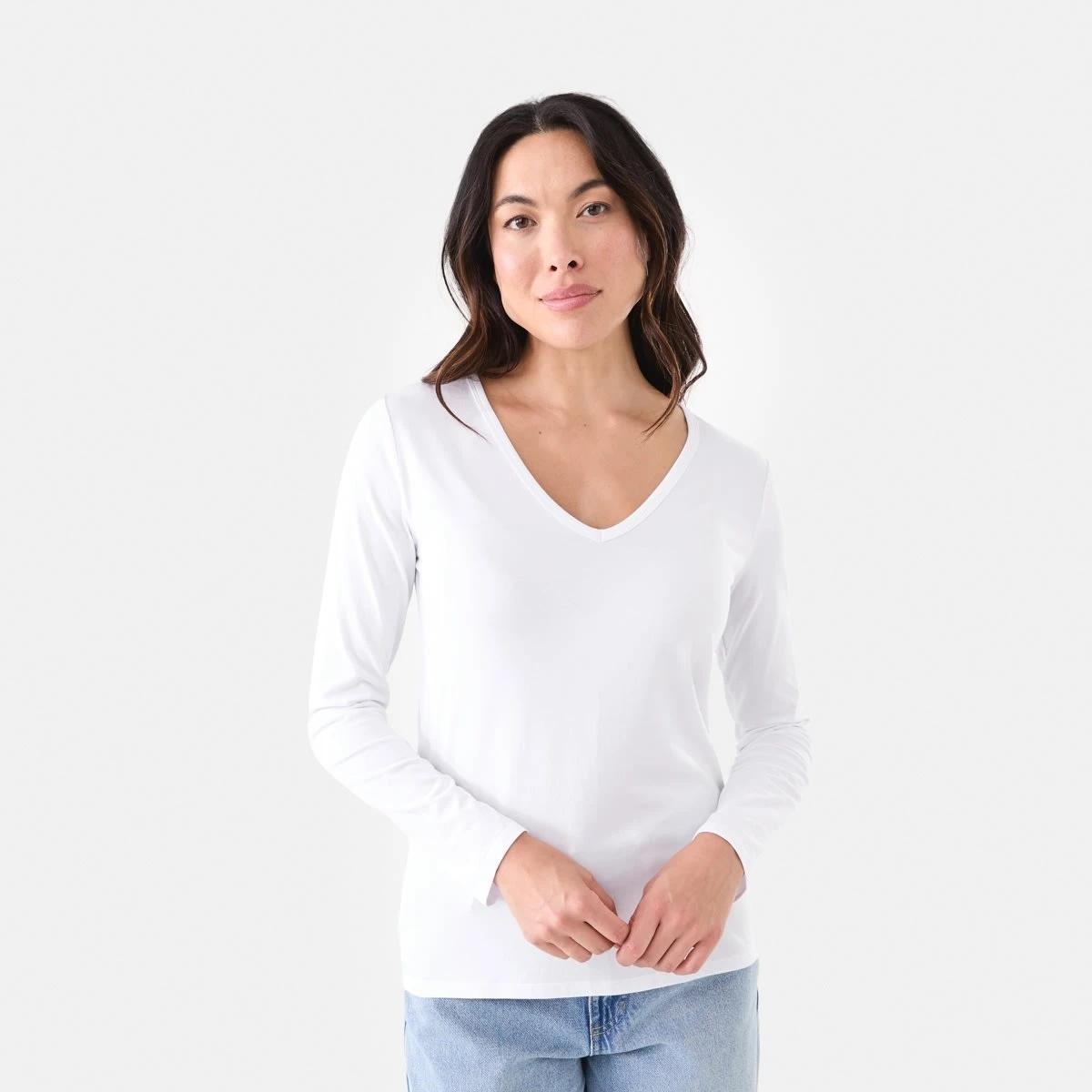 1 Long Sleeve Stretch V-Neck T-shirt White, 1 of 5