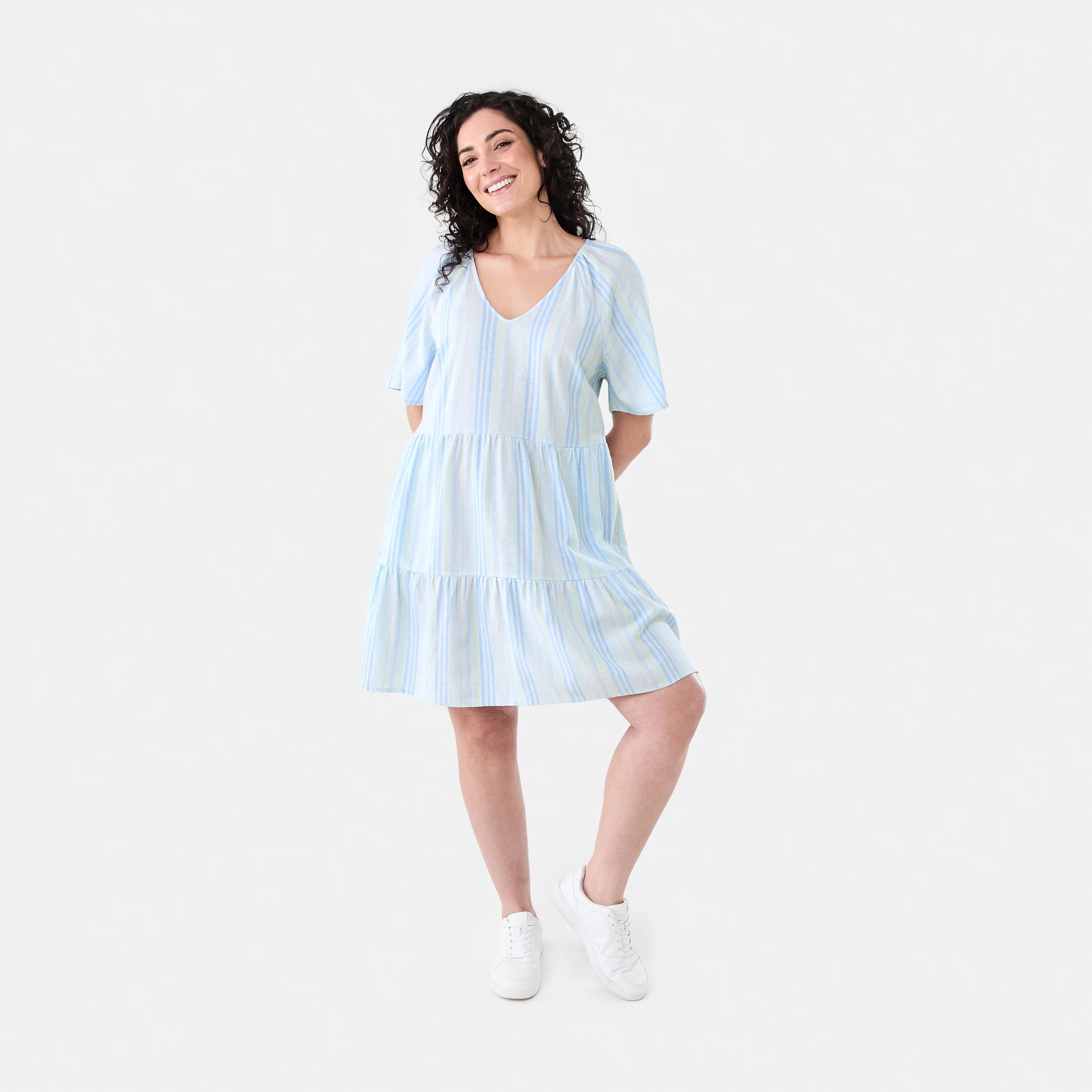9 Short Sleeve Linen Blend Tiered Mini Dress Strp Spun, 9 of 9