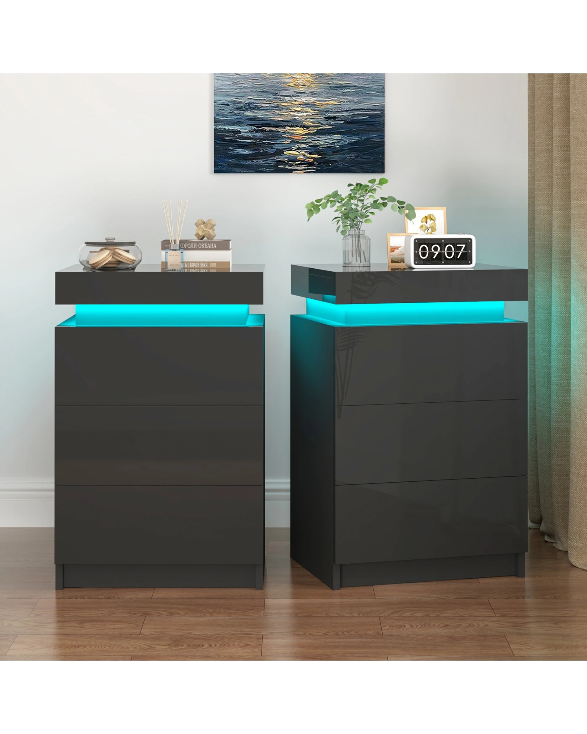 2 Advwin Set of 2 Led Bedside Table Lift Up Storage Nightstand, 2 of 7