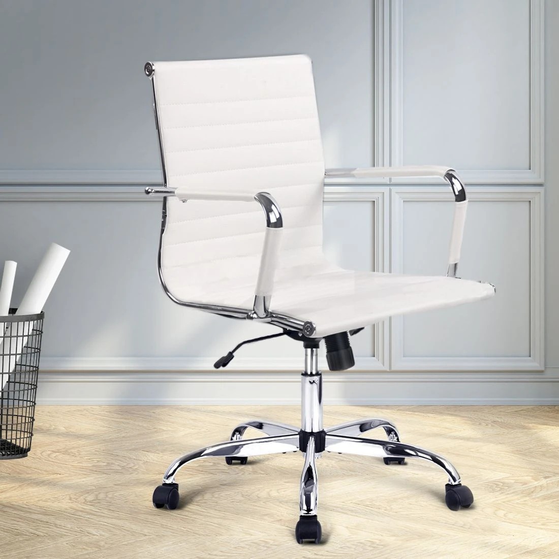 8 Artiss Office Chair Conference Chairs PU Leather Mid Back - White, 8 of 8