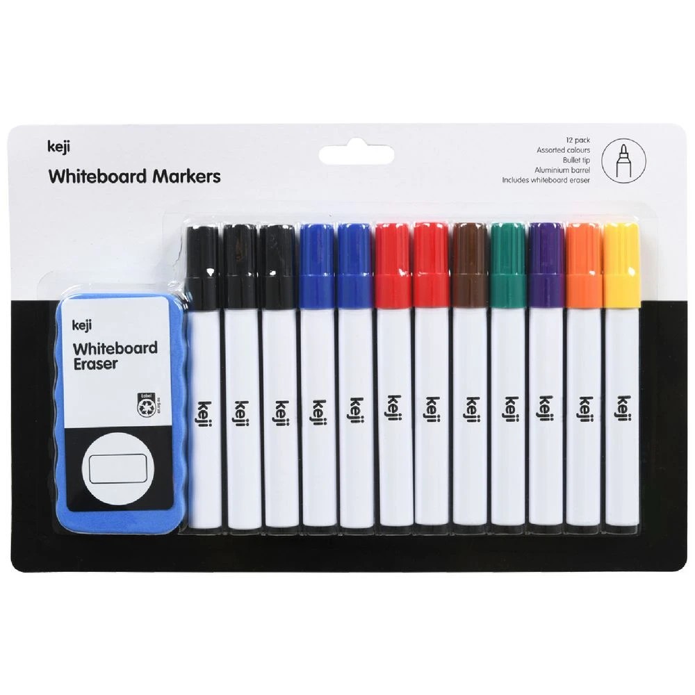 1 Keji Aluminium Barrel Whiteboard Markers with Eraser 12 Pack, 1 of 4