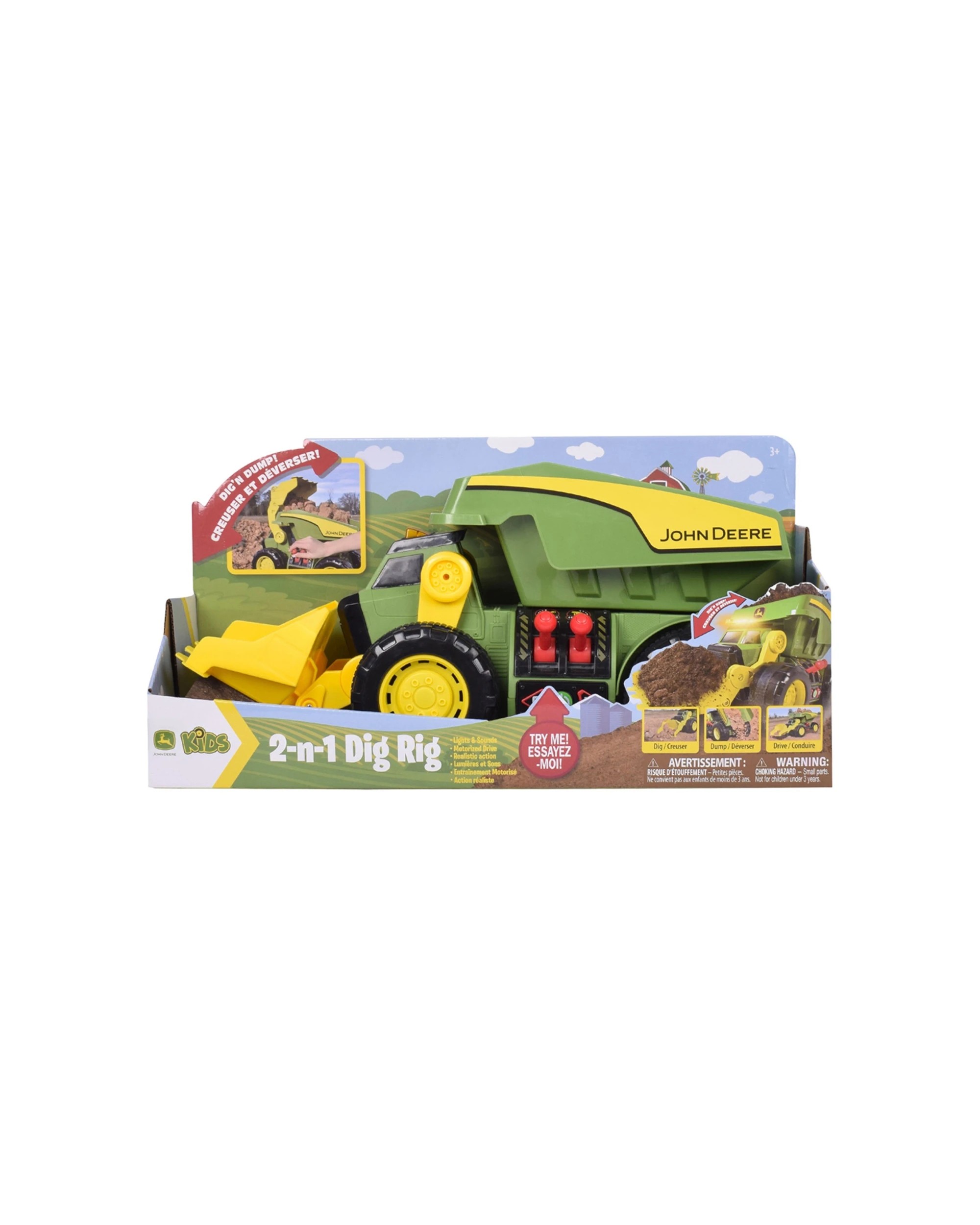 2 JOHN DEERE 2-N-1 Dig Rig Dump Truck And Loader Kids Toy With Motorized Drive Lights Sounds - Green, 2 of 5