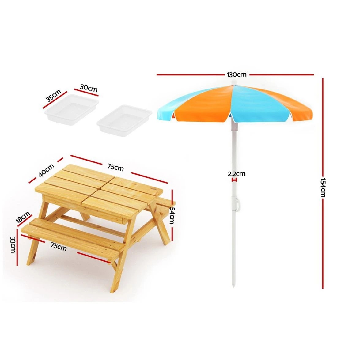 2 Keezi Kids Outdoor Table and Chairs Picnic Bench Umbrella Set Water Sand Pit Box - Natural, 2 of 7