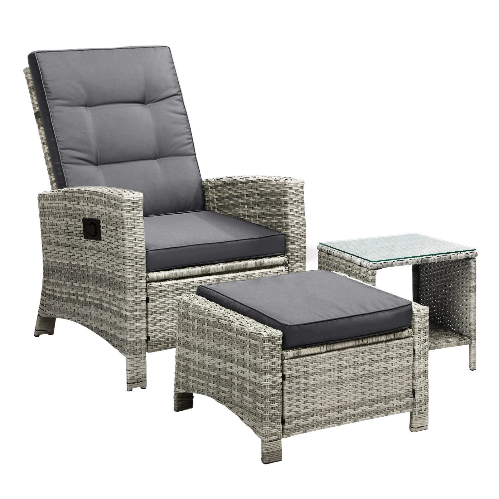 1 Livsip Recliner Chair Outdoor Sun Lounge Setting Wicker Sofa Patio Furniture 3pc
 - Grey, 1 of 10
