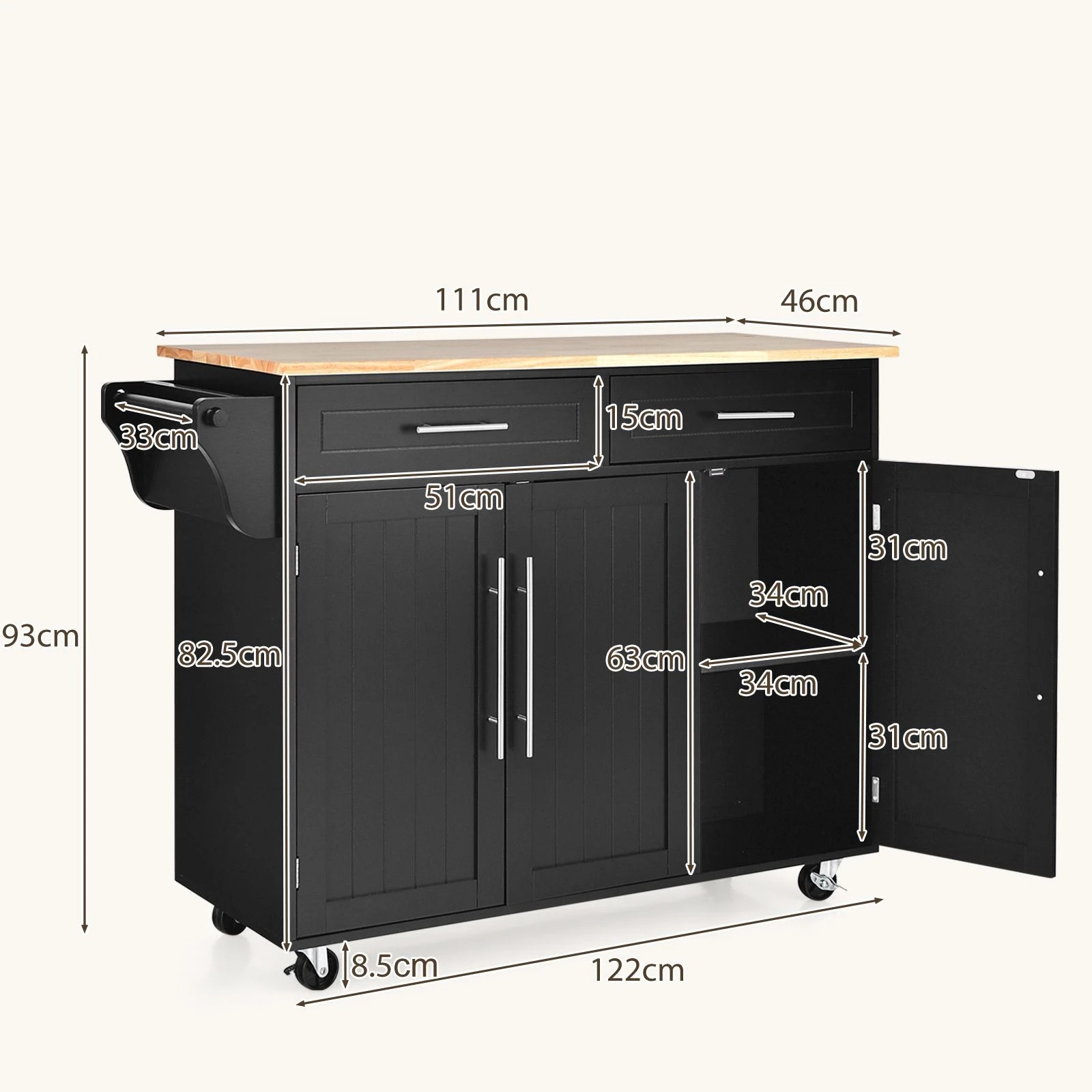 5 Costway Large Kitchen Island Trolley w/Towel Rack Black, 5 of 5